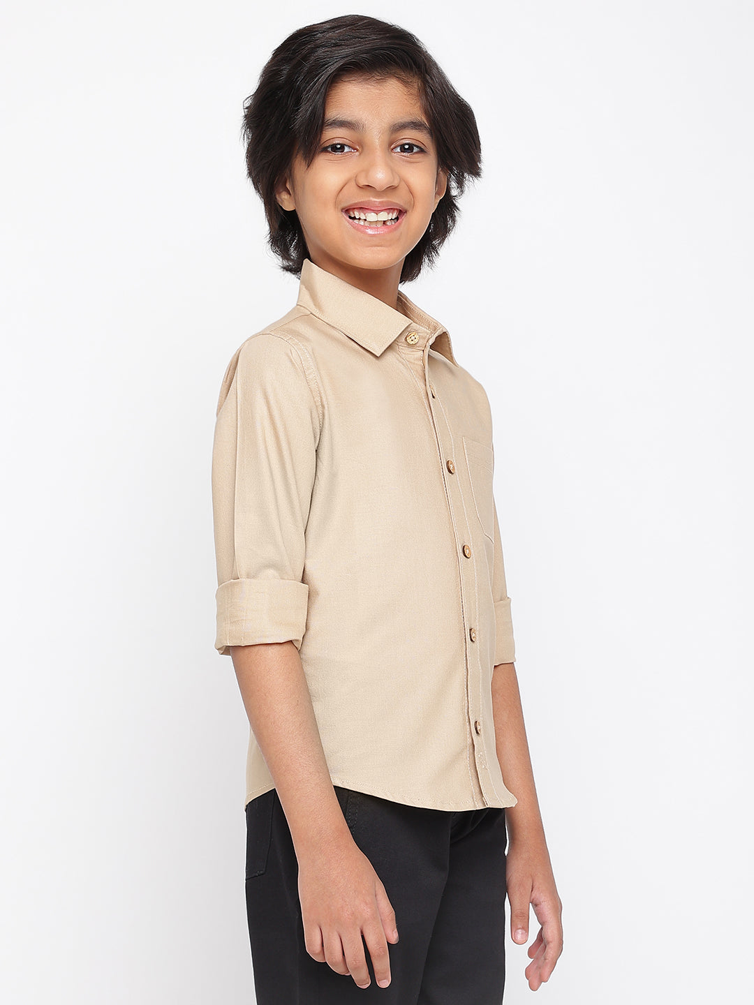 Boys Beige Cotton Solid Full Sleeves Regular Fit Shirt