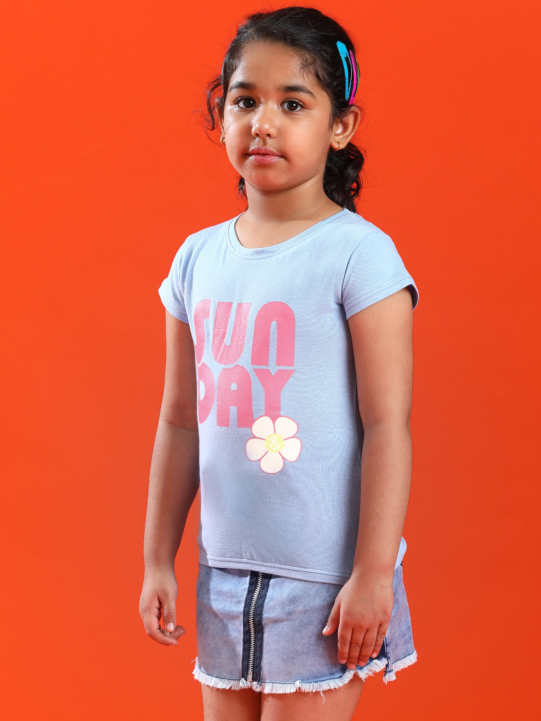 Girls Sky Blue Lycra Printed Slim Fit T-shirt