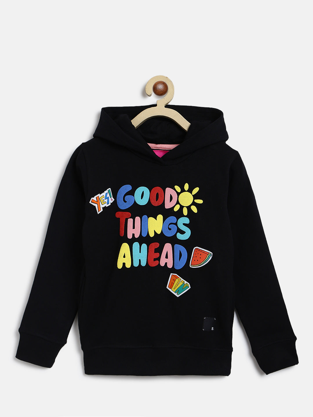 Girls Black Poly-Cotton Printed Sweatshirt