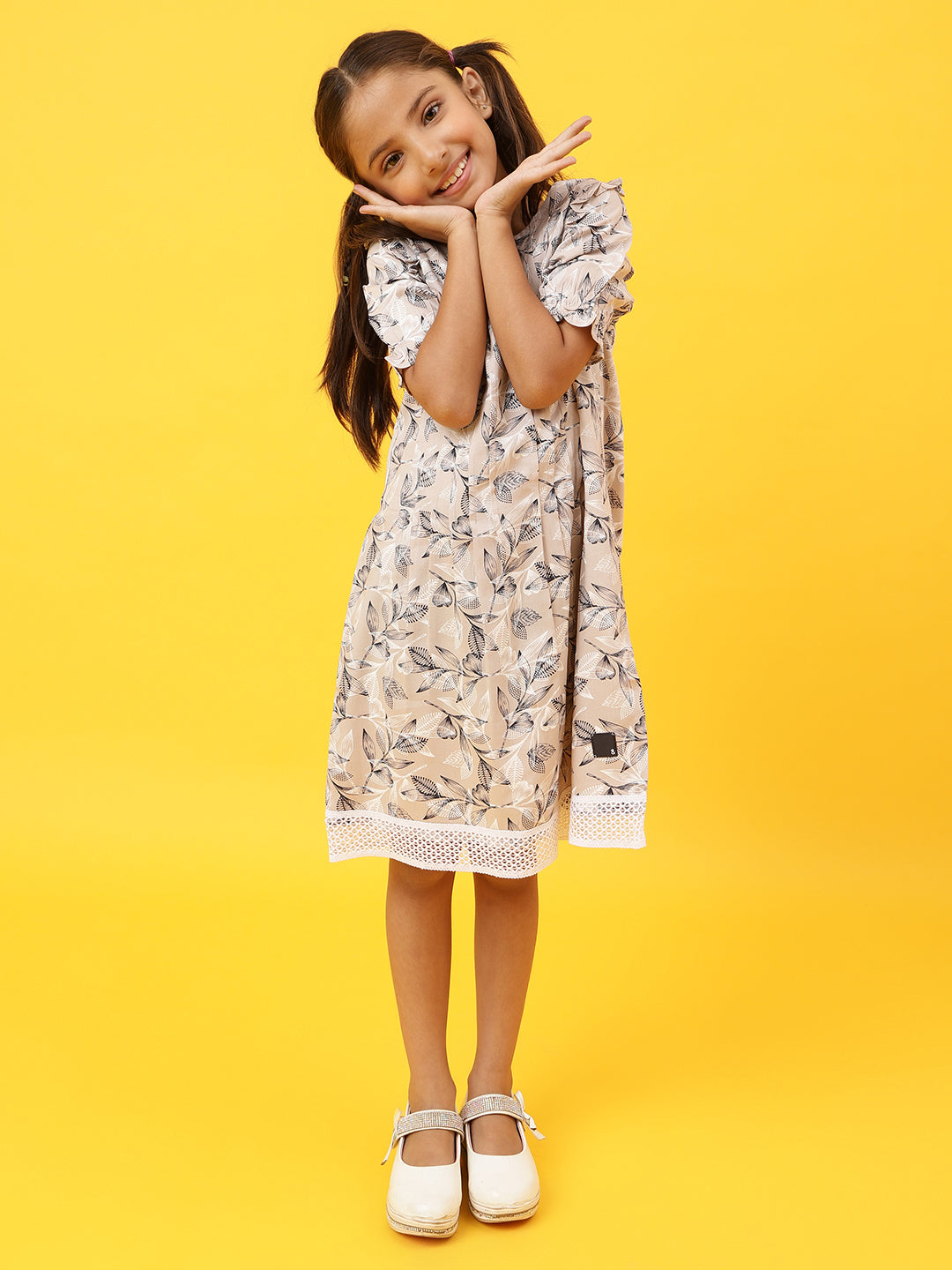 Girls Beige Floral Printed Dress