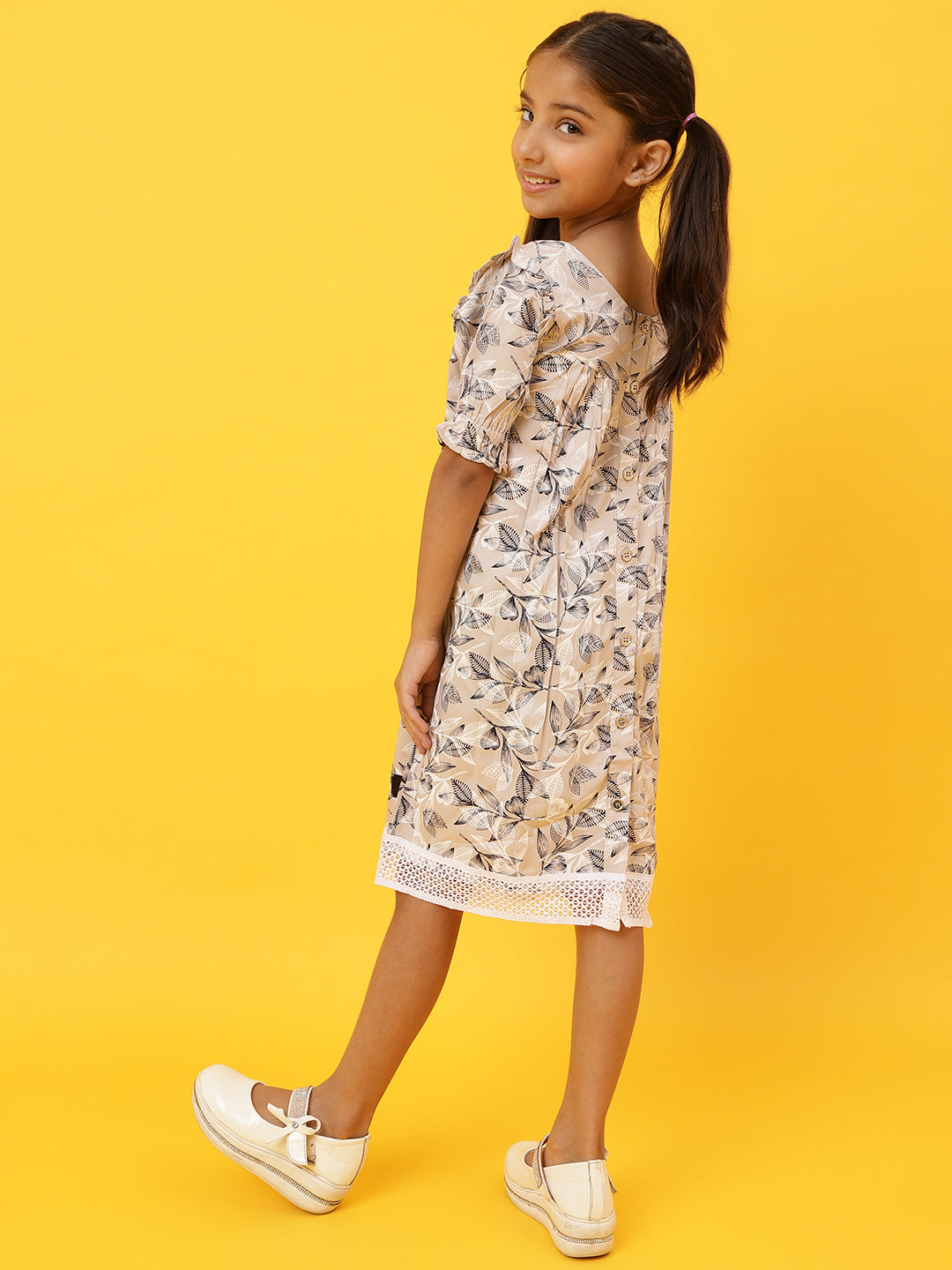 Girls Beige Floral Printed Dress