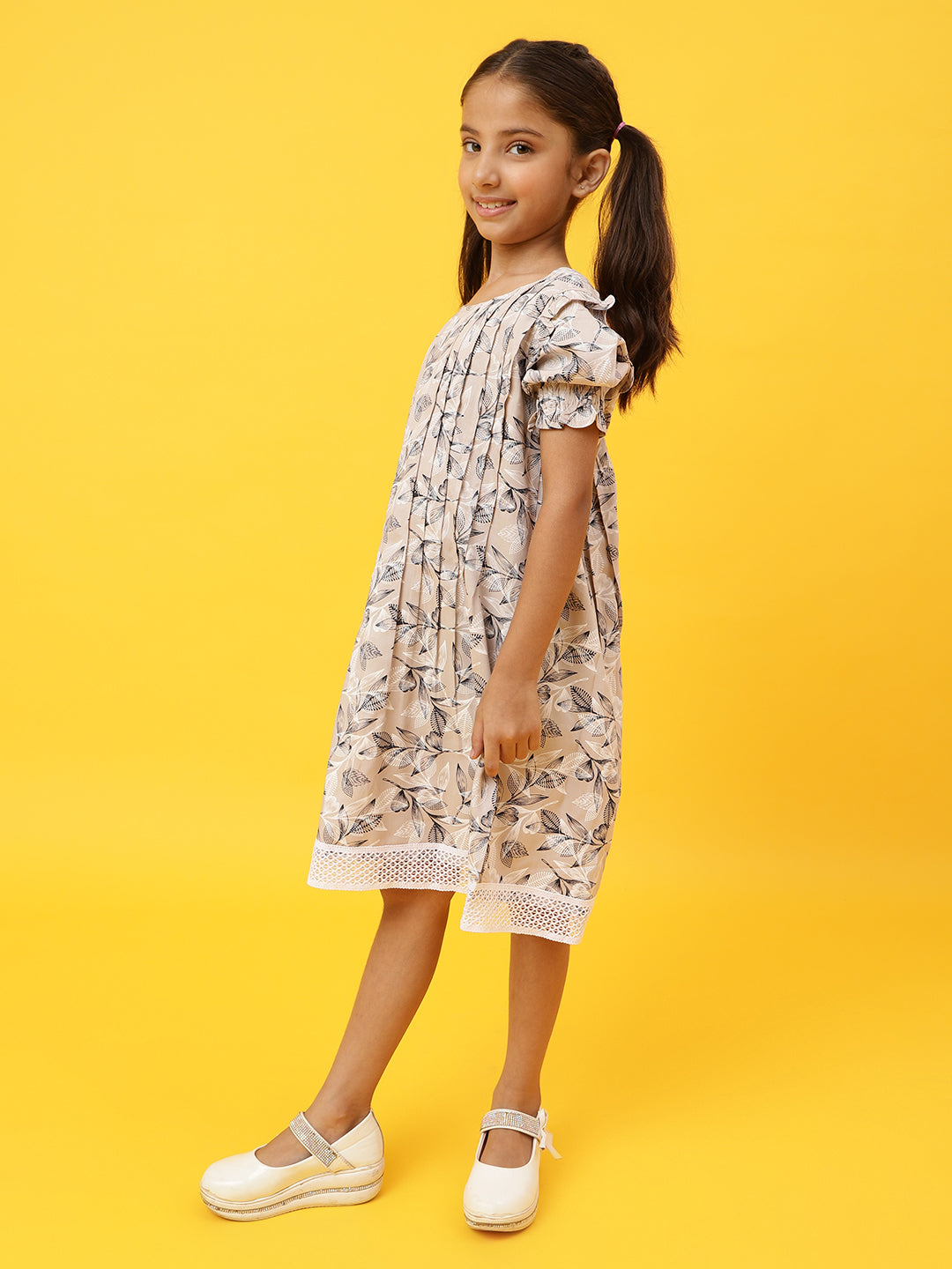 Girls Beige Floral Printed Dress