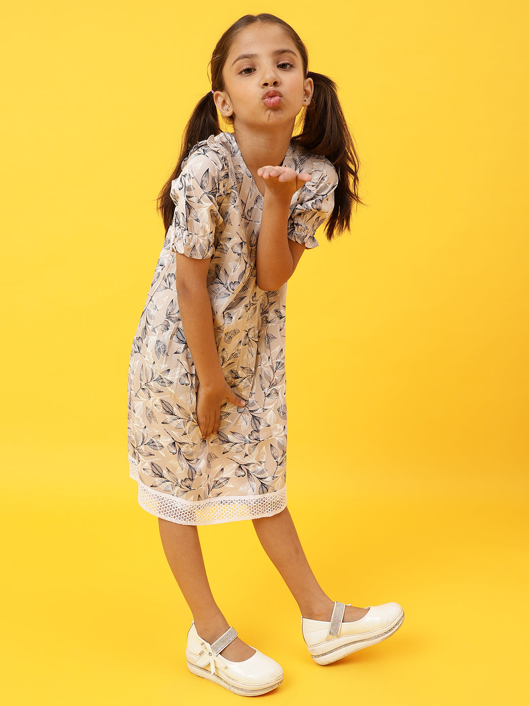 Girls Beige Floral Printed Dress
