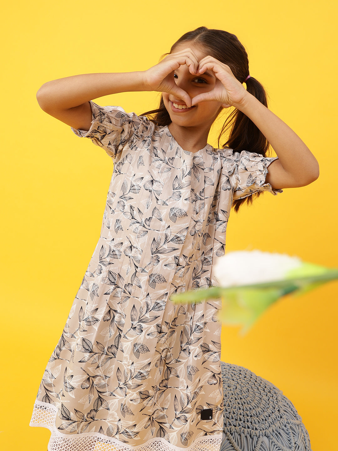 Girls Beige Floral Printed Dress