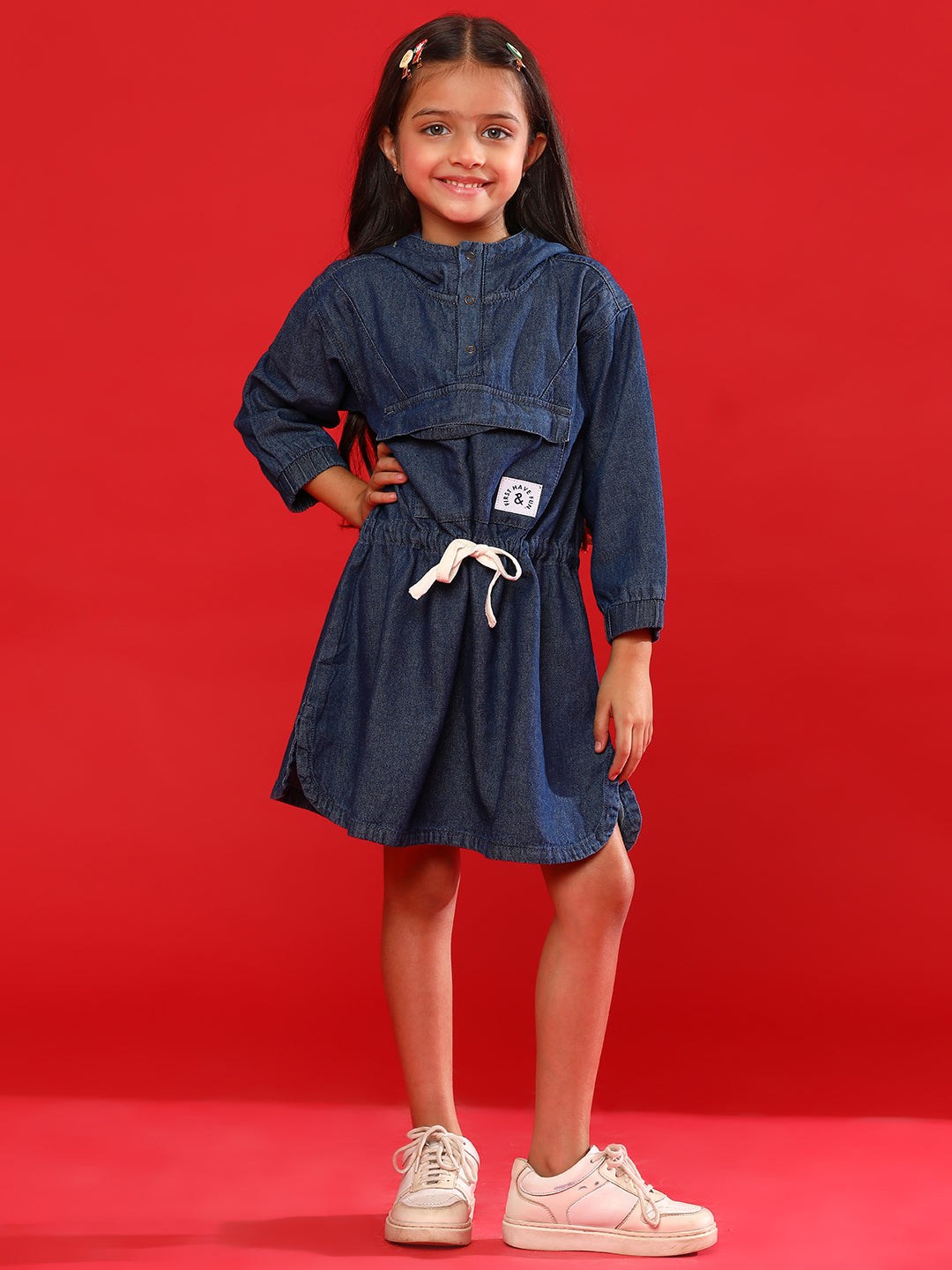 Girls Medium Blue Cotton Regular Fit Washed Dress