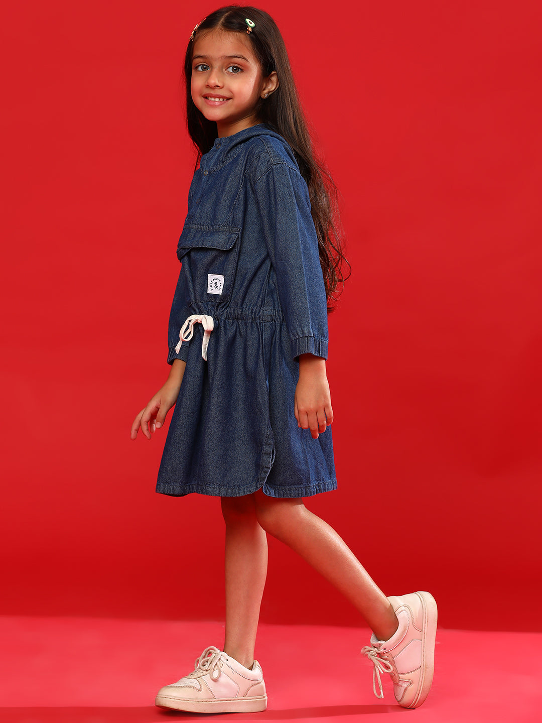 Girls Medium Blue Cotton Regular Fit Washed Dress