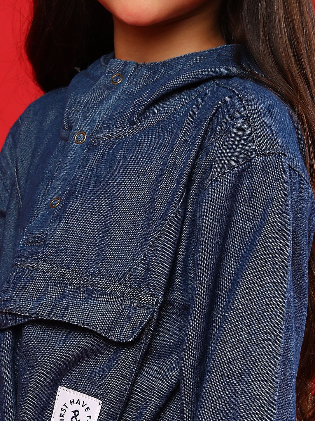 Girls Medium Blue Cotton Regular Fit Washed Dress