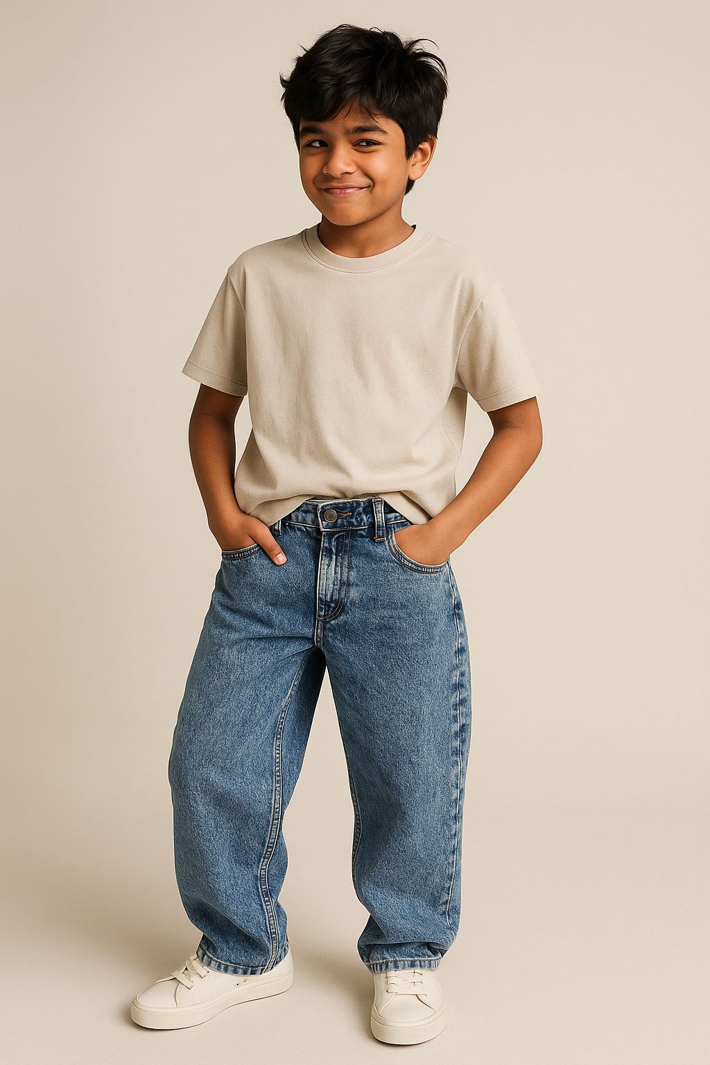 Boys Dark Blue Cotton Washed Baggy Fit Jeans