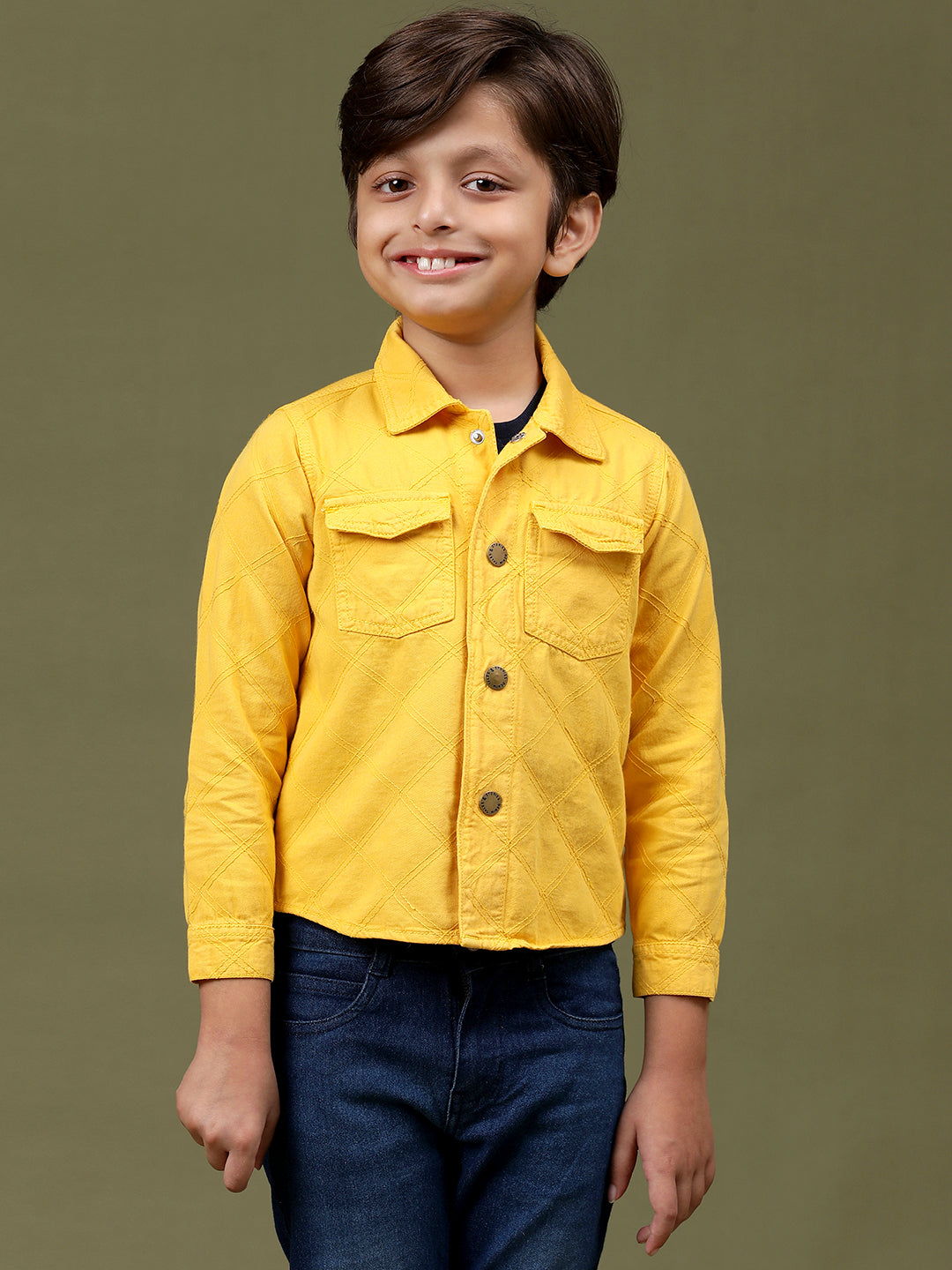 Boys & Girls Yellow Cotton Regular Fit Embroidered Shacket