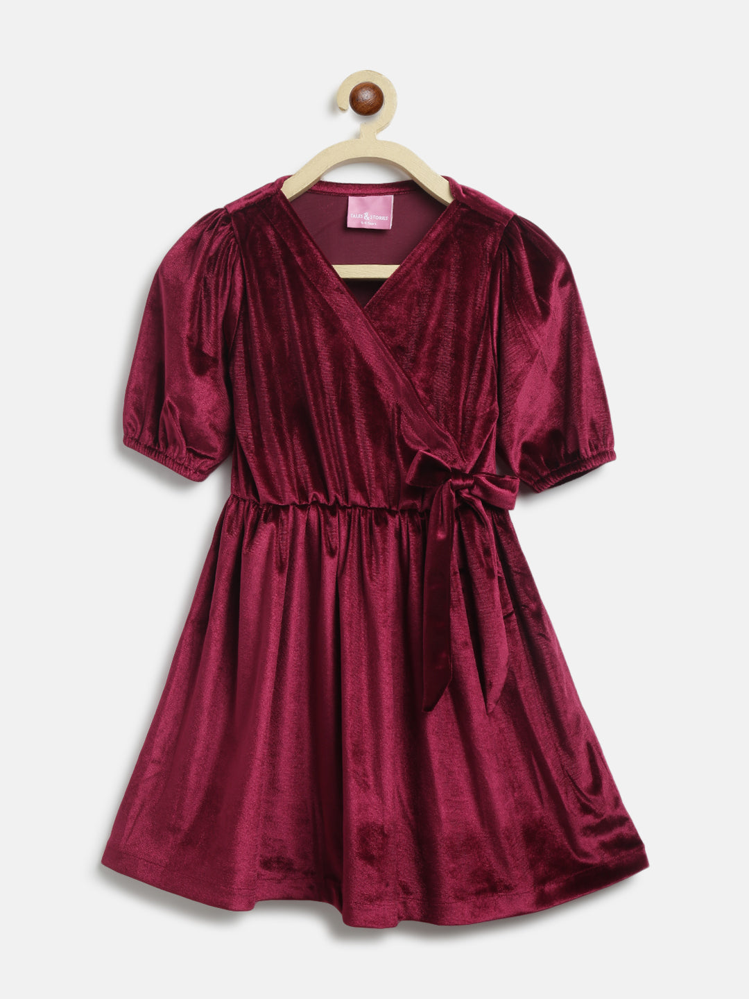 Maroon Elbow Sleeve Flared Fit Solid Velvet Dress