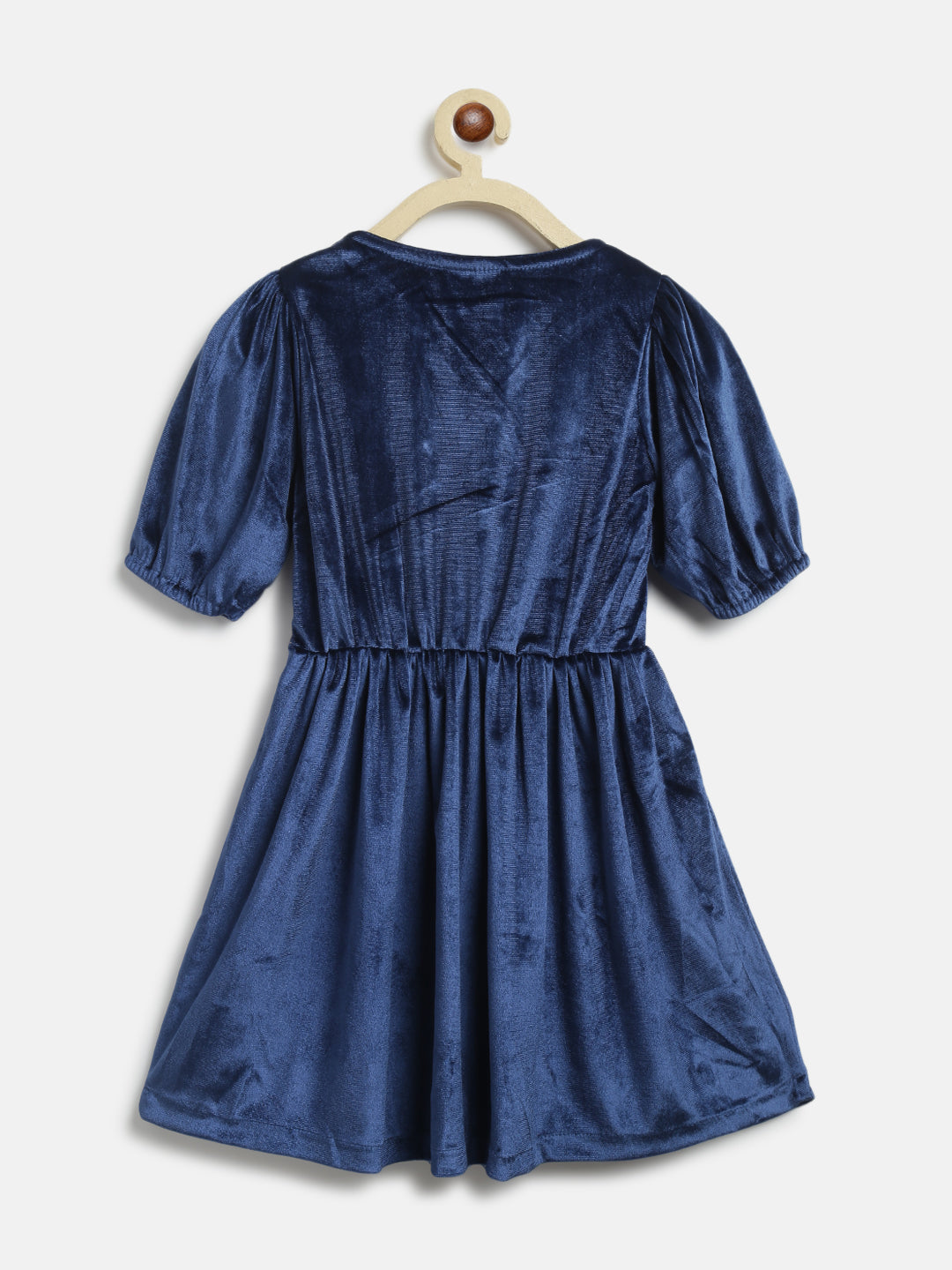 Girls Navy Blue Velvet Elbow Sleeve Flared Fit Solid Dress