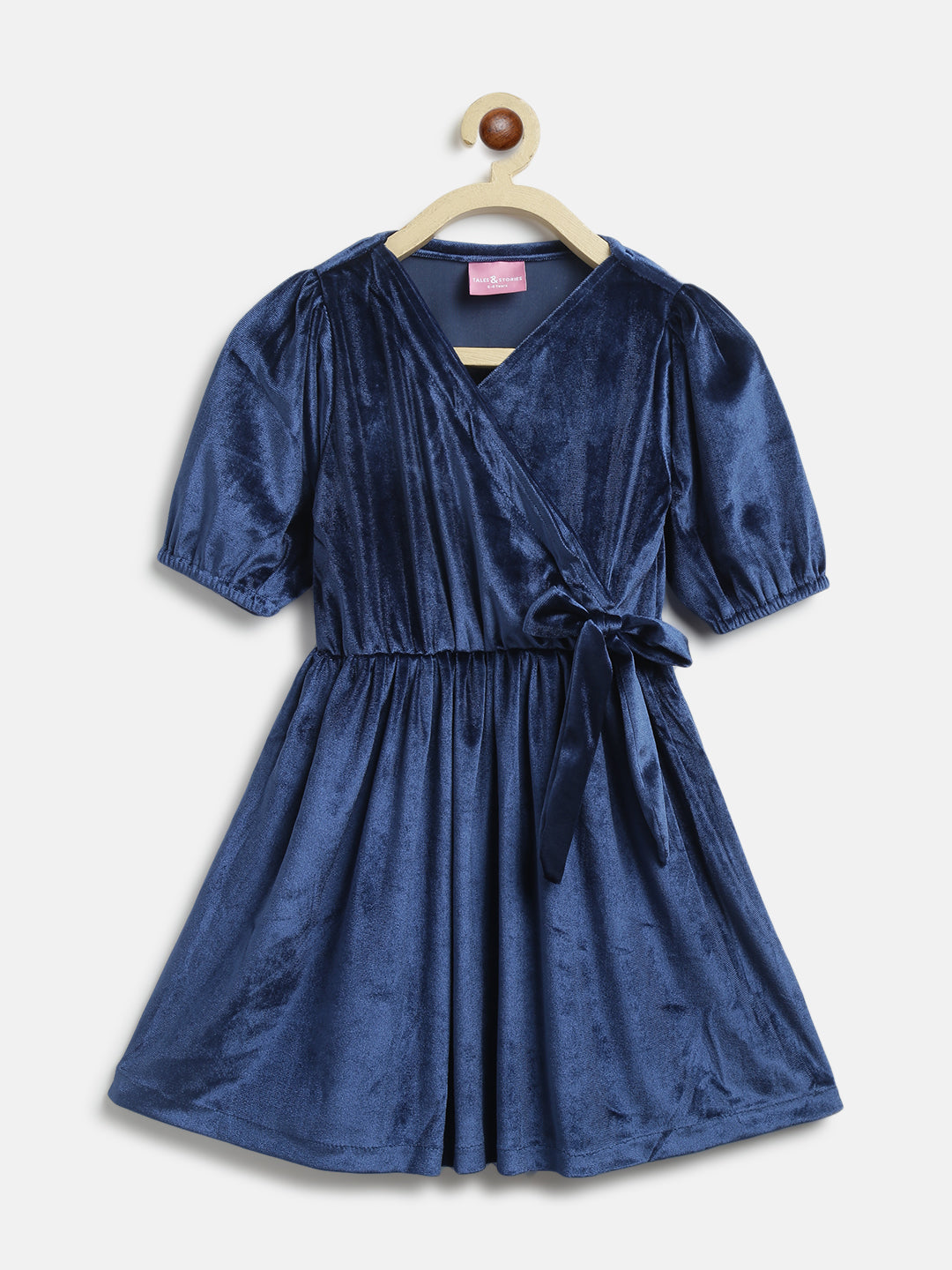 Girls Navy Blue Velvet Elbow Sleeve Flared Fit Solid Dress