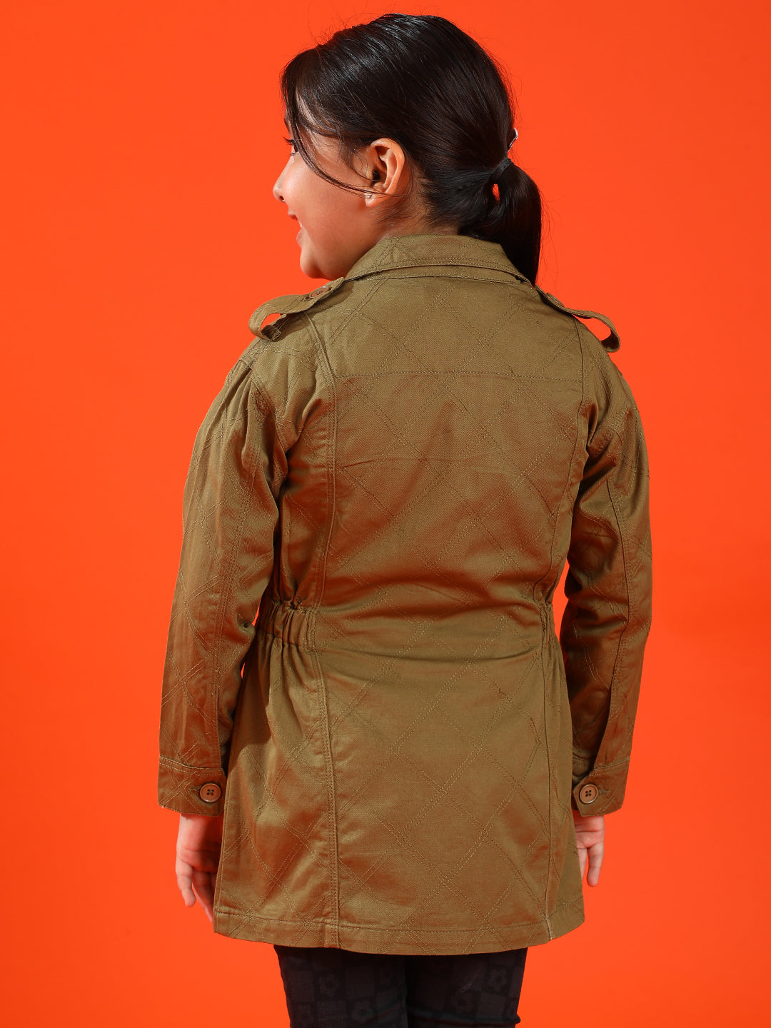 Girls Olive Cotton Regular Fit Embroidery Jacket