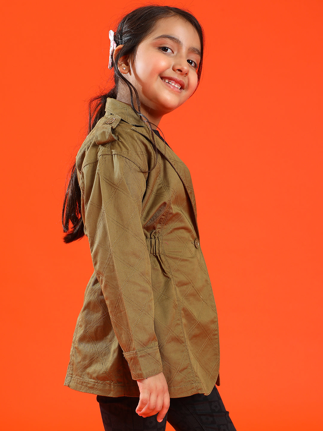 Girls Olive Cotton Regular Fit Embroidery Jacket