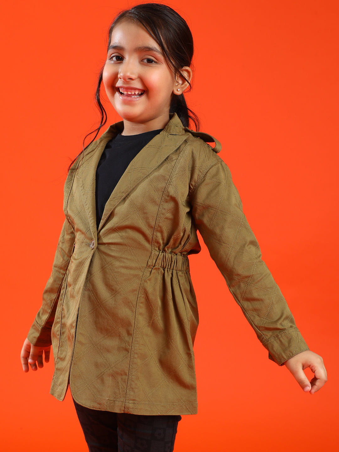 Girls Olive Cotton Regular Fit Embroidery Jacket