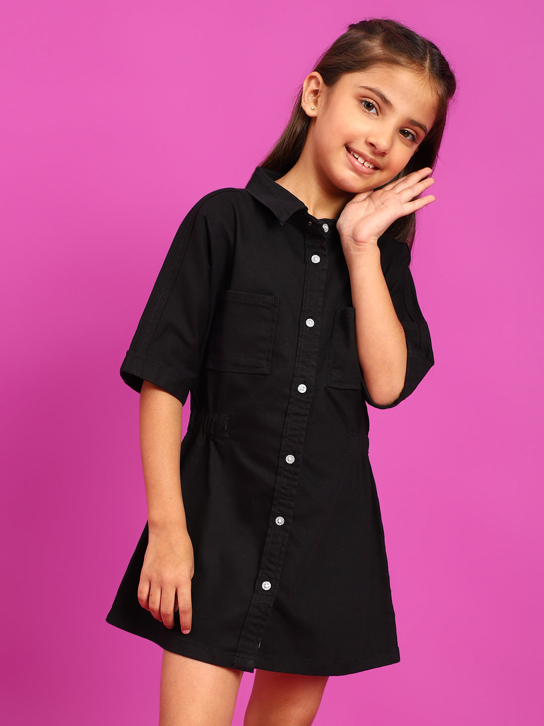 Girls Black Lycra Regular Fit Solid Washed Dress