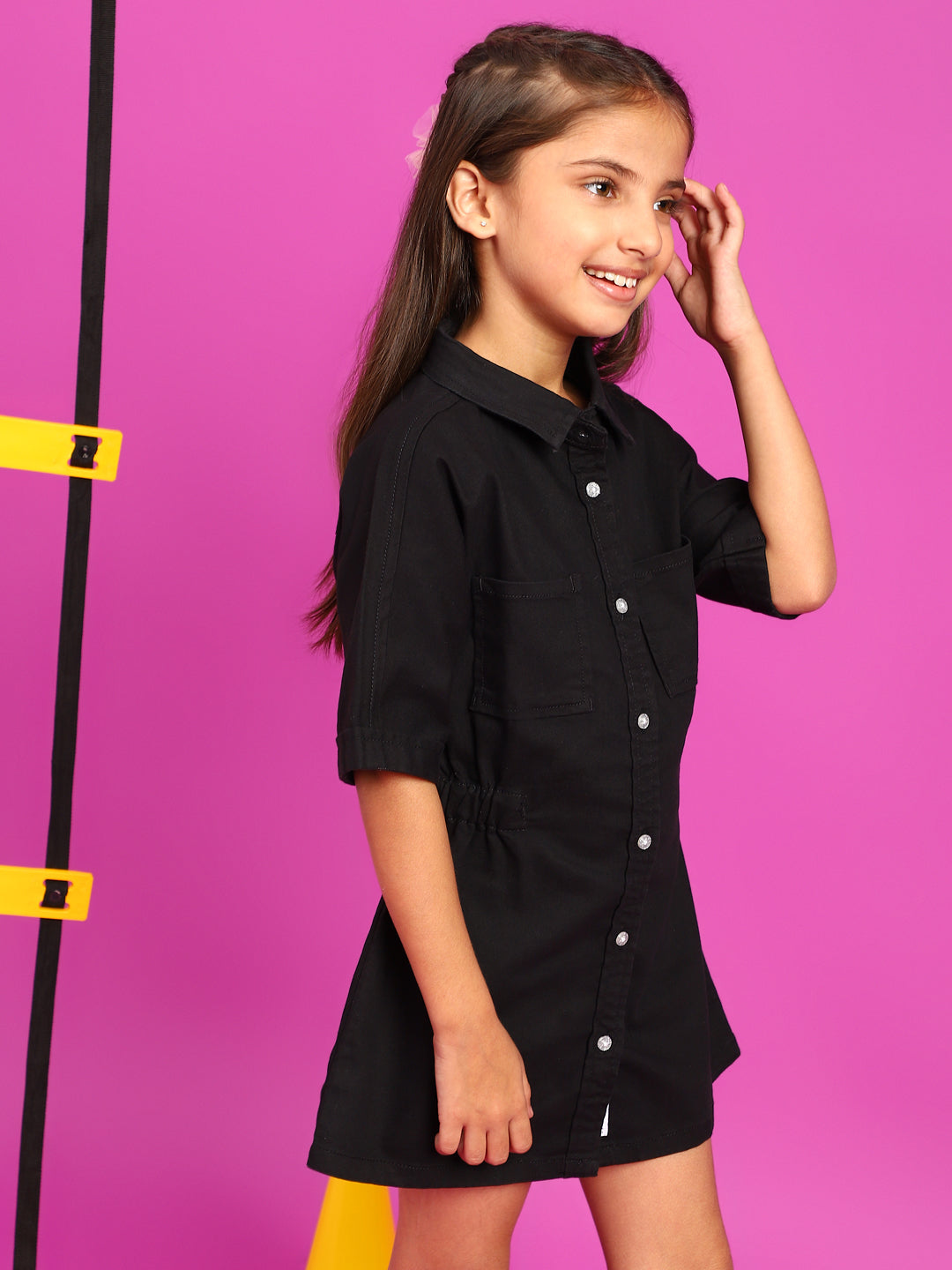 Girls Black Lycra Regular Fit Solid Washed Dress