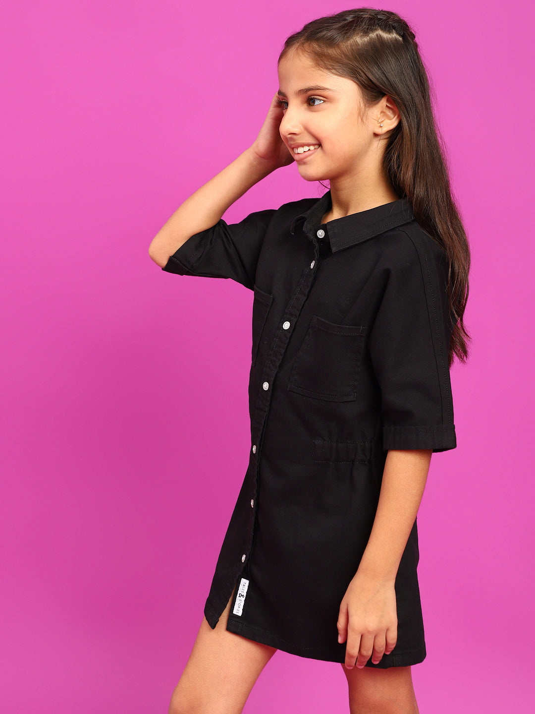 Girls Black Lycra Regular Fit Solid Washed Dress