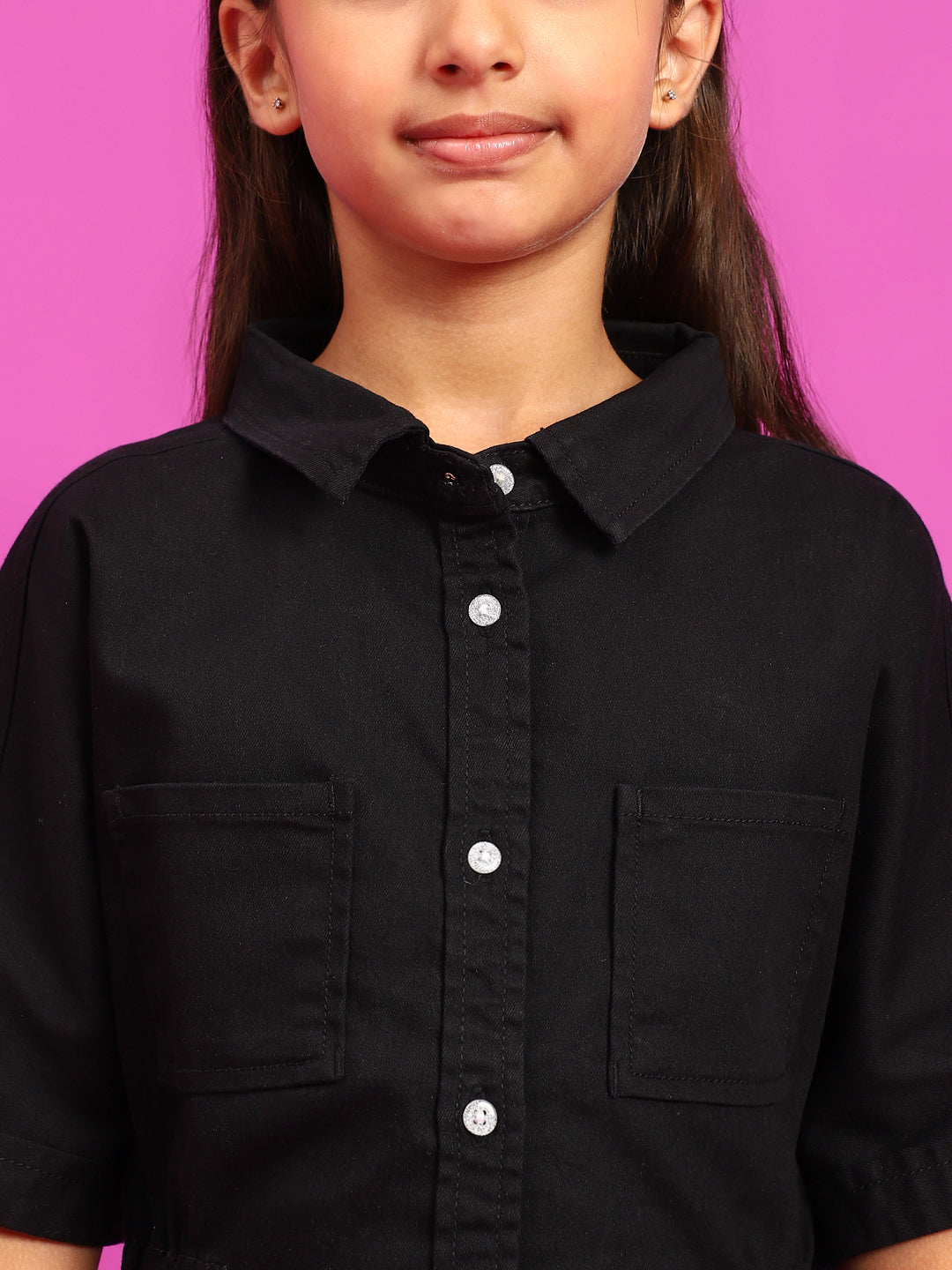 Girls Black Lycra Regular Fit Solid Washed Dress