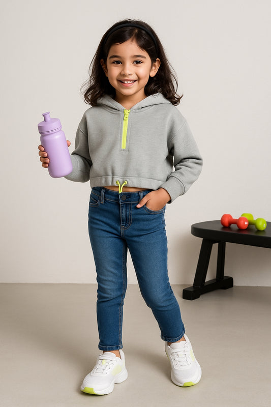 Girls Cotton Poly Grey Printed Oversized Hoodie Sweatshirt