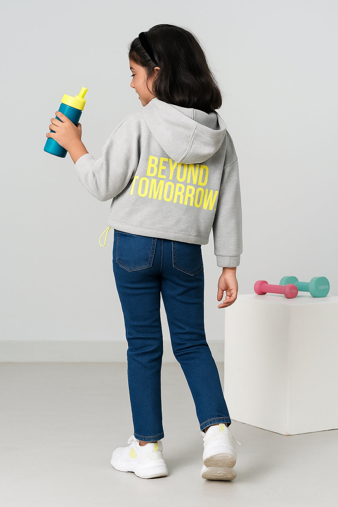 Girls Cotton Poly Grey Printed Oversized Hoodie Sweatshirt