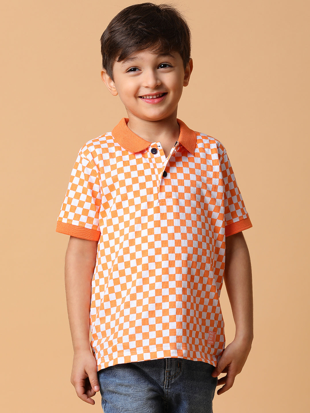 Boys Orange Checkered Polo T-Shirt