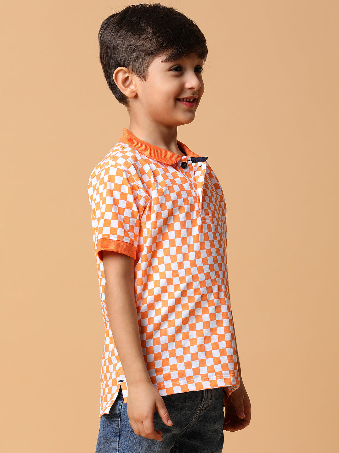 Boys Orange Checkered Polo T-Shirt