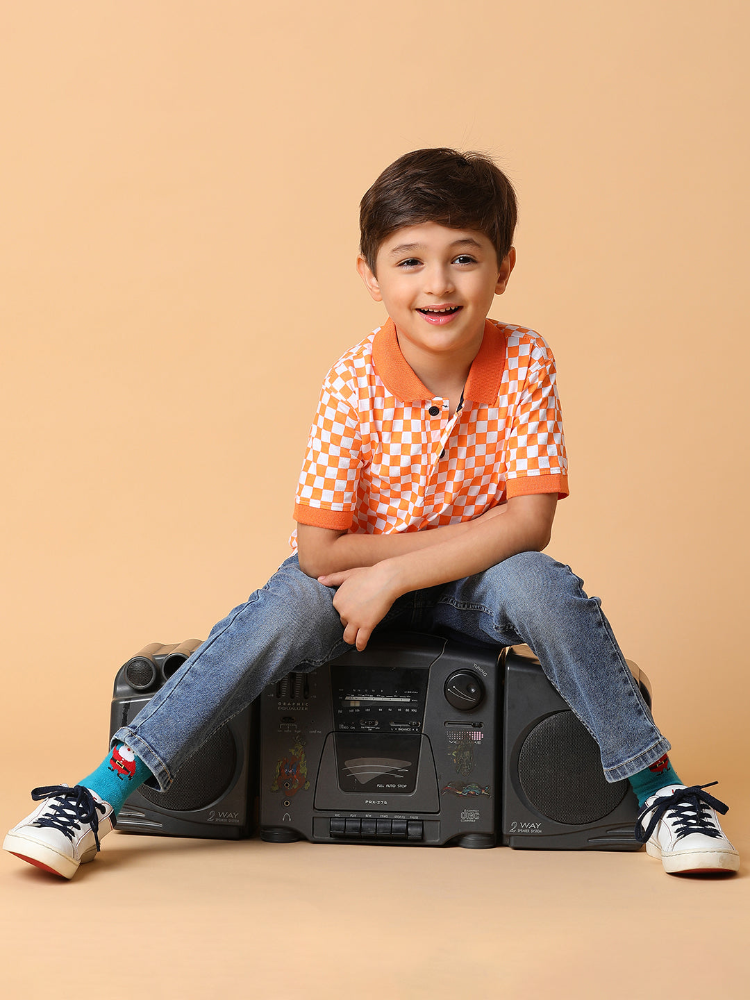 Boys Orange Checkered Polo T-Shirt