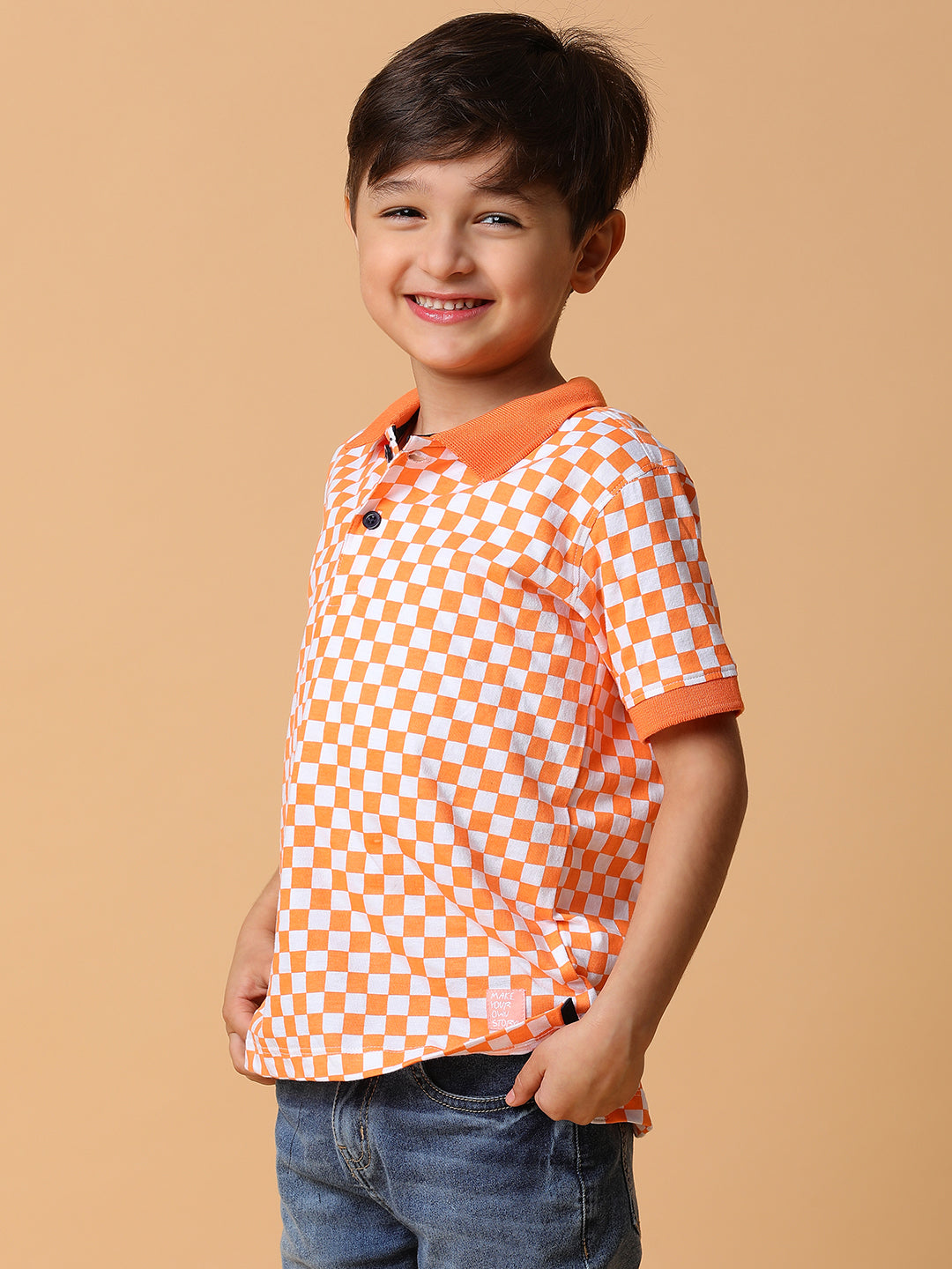 Boys Orange Checkered Polo T-Shirt
