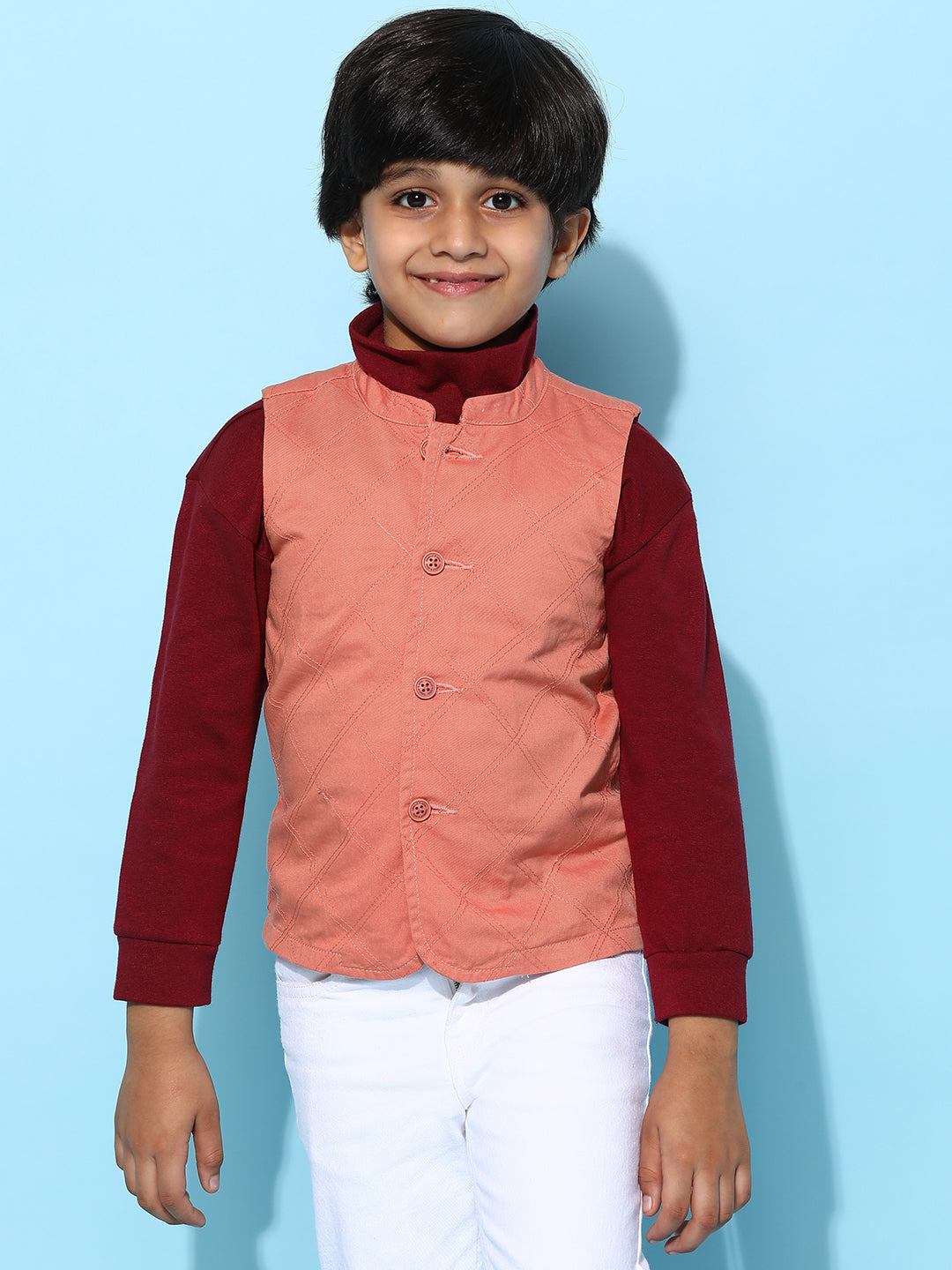 Boys Peach Cotton Solid Waist Coat