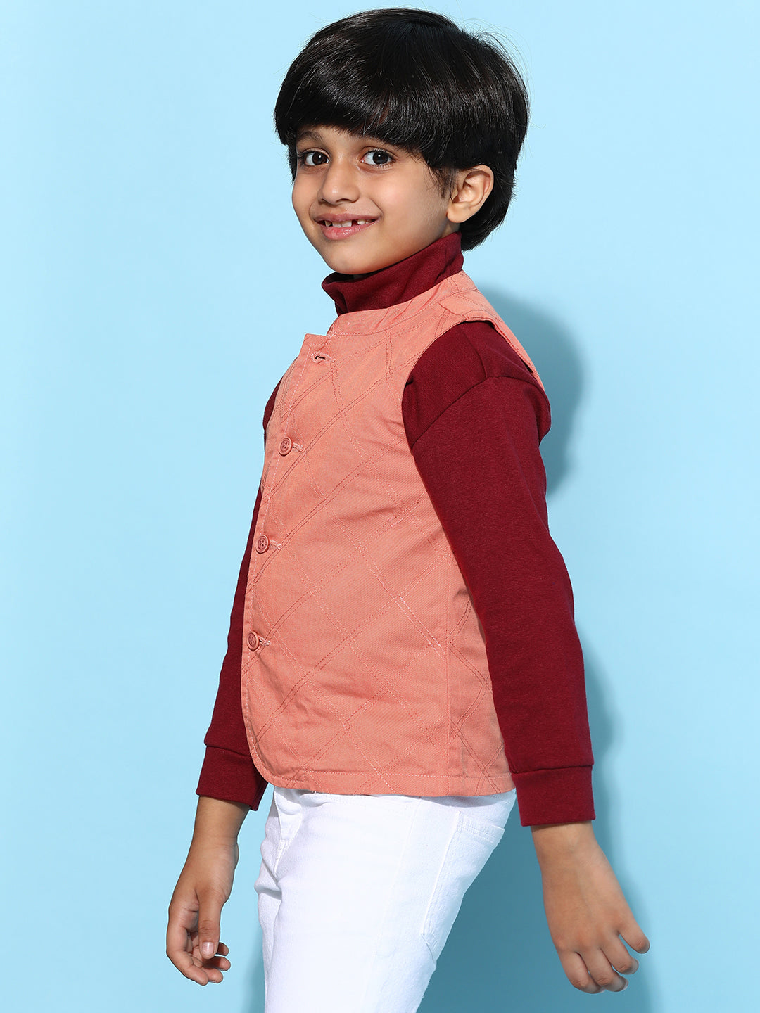 Boys Peach Cotton Solid Waist Coat