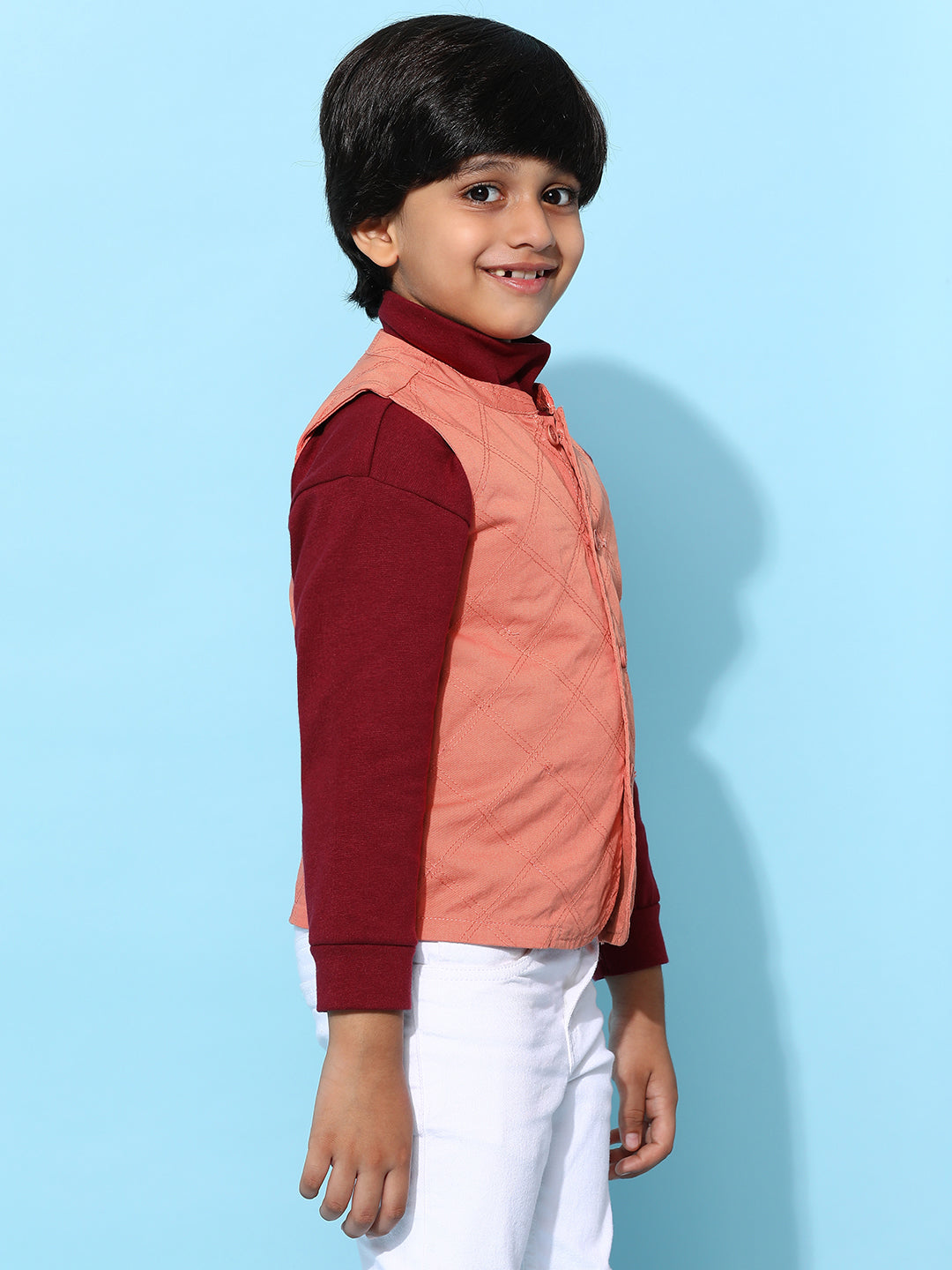 Boys Peach Cotton Solid Waist Coat