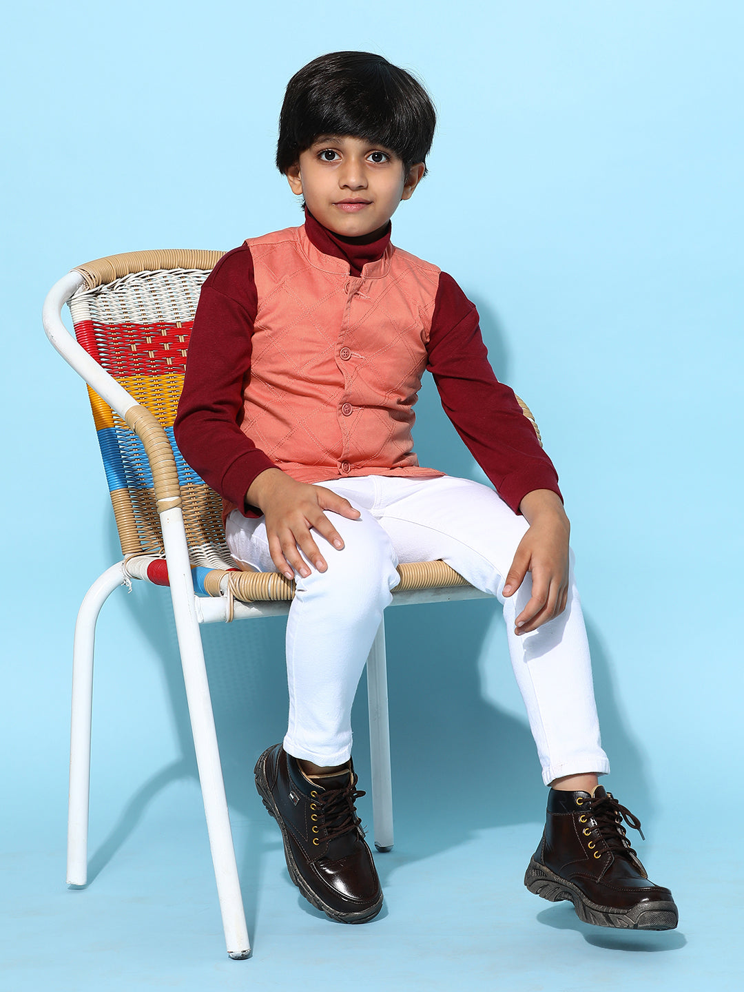 Boys Peach Cotton Solid Waist Coat