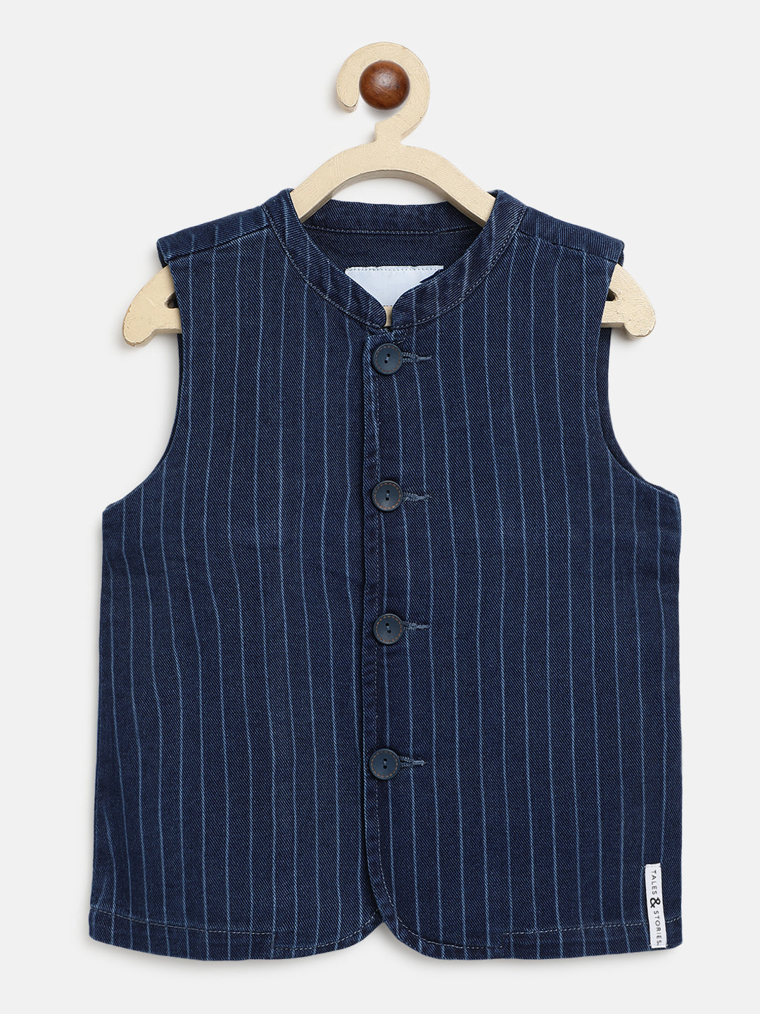 Boys Dark Blue Cotton Stripes Waist Coat