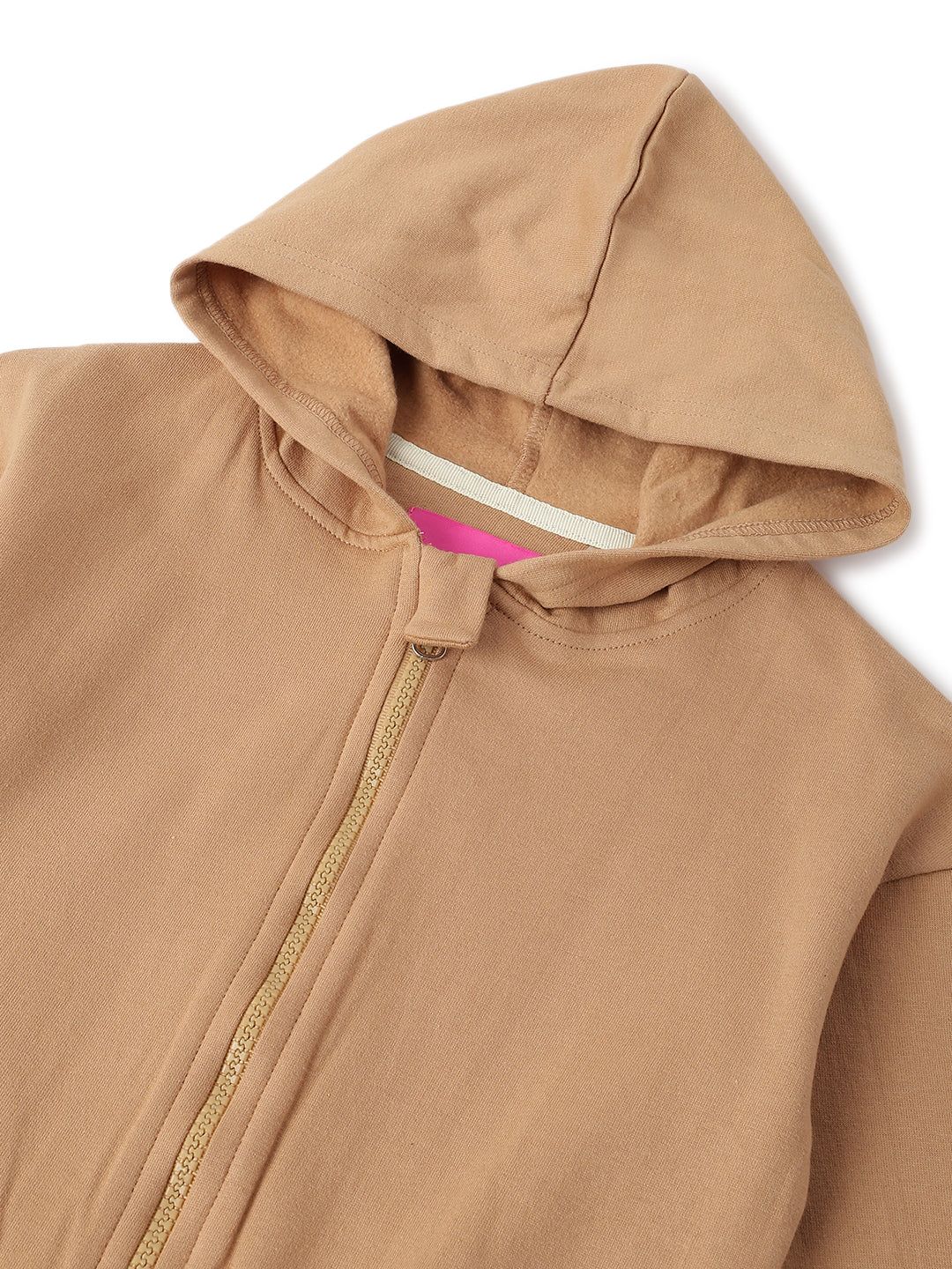 Girls Cotton Poly Solid Brown Hoodie Sweatshirt