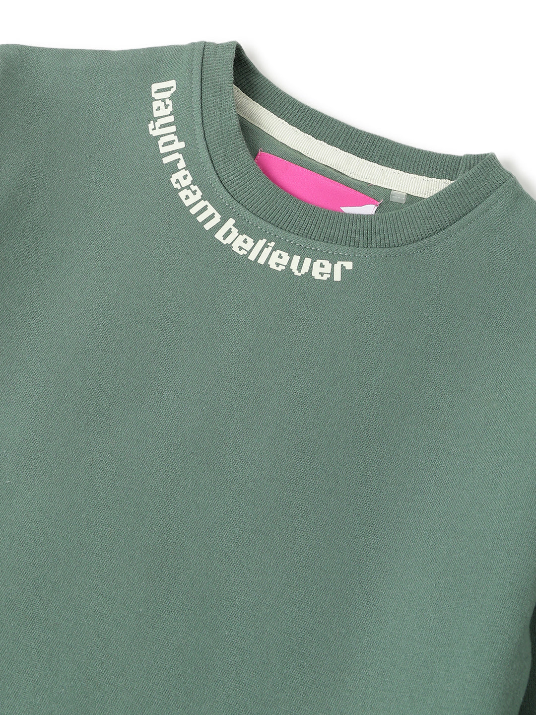 Girls Olive Cotton Printed Cropped Sweatshirt