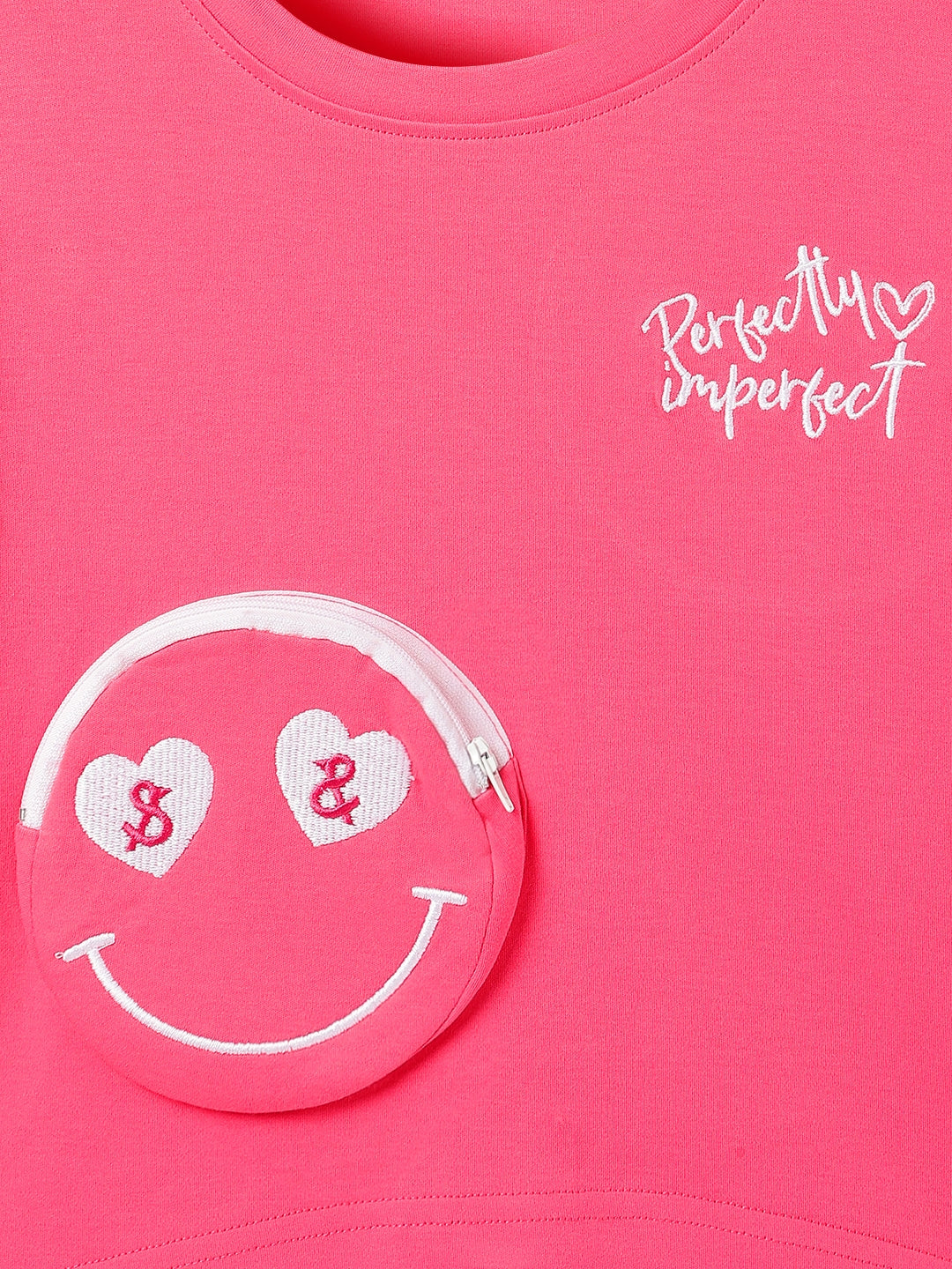 Girls Cotton Pink Neon Embroidered T-Shirt