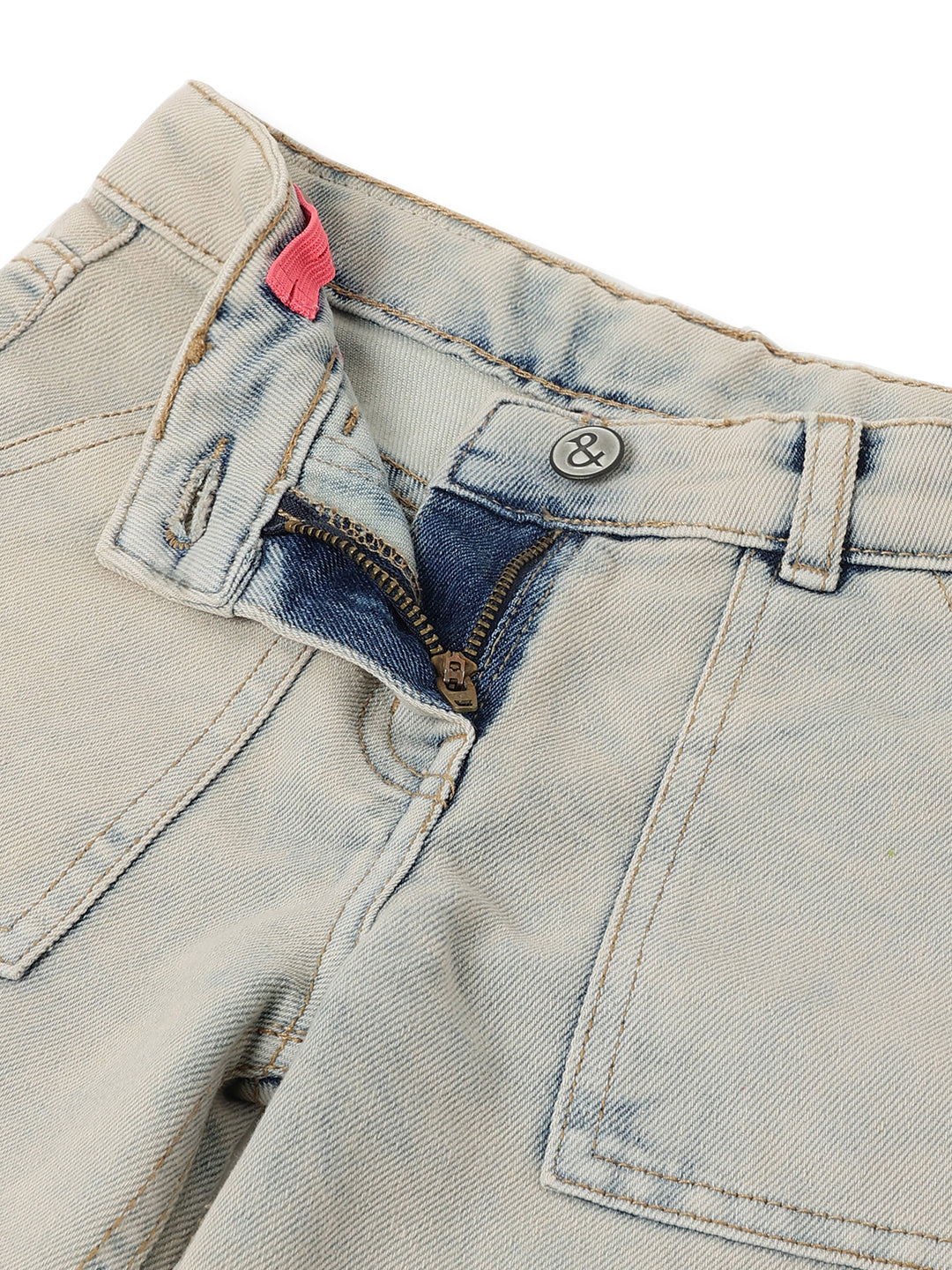 Girls Beige Cotton Poly Washed Wide Leg Jeans