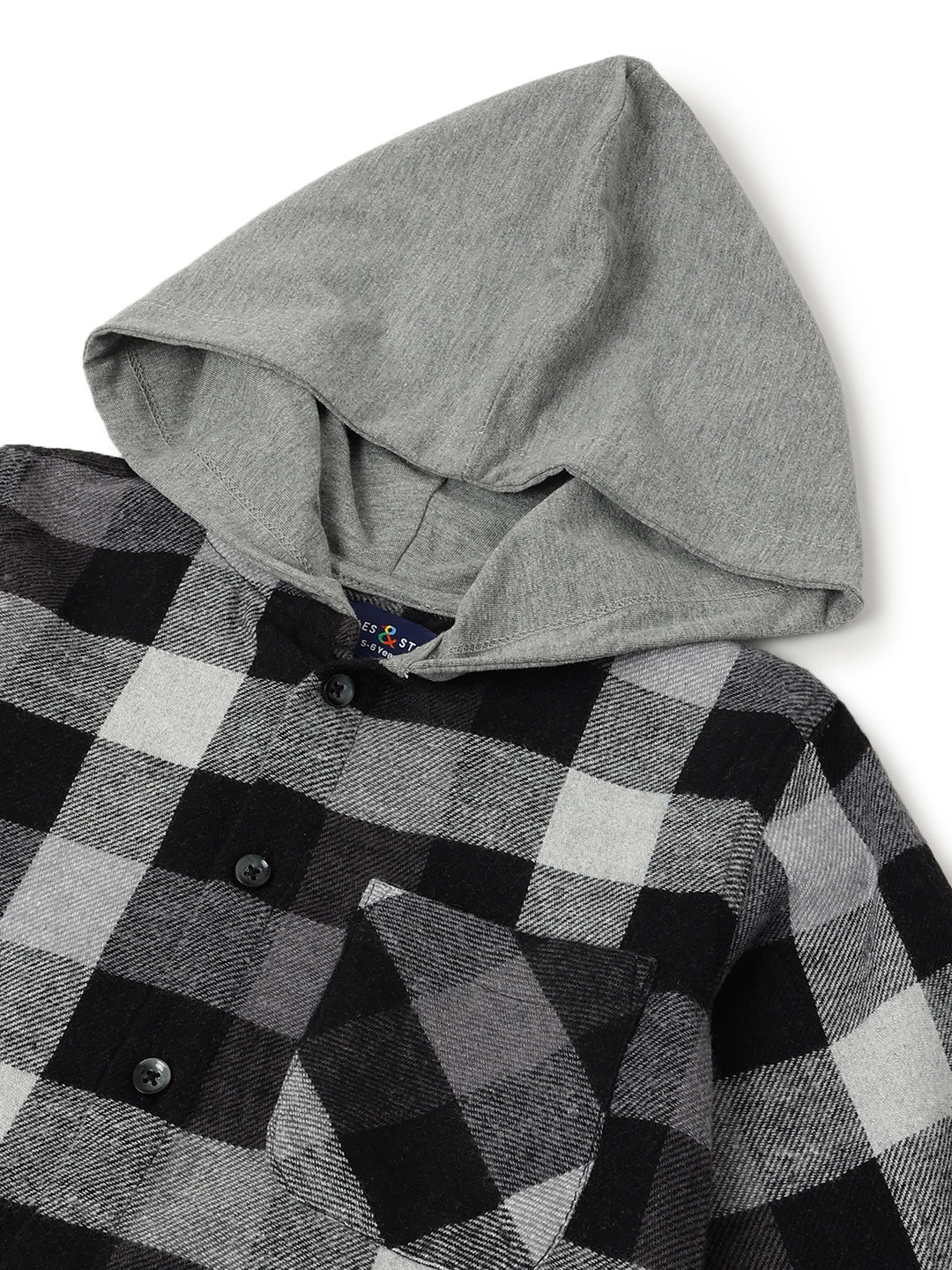 Boys Black Cotton Poly Checked Hooded Shirt