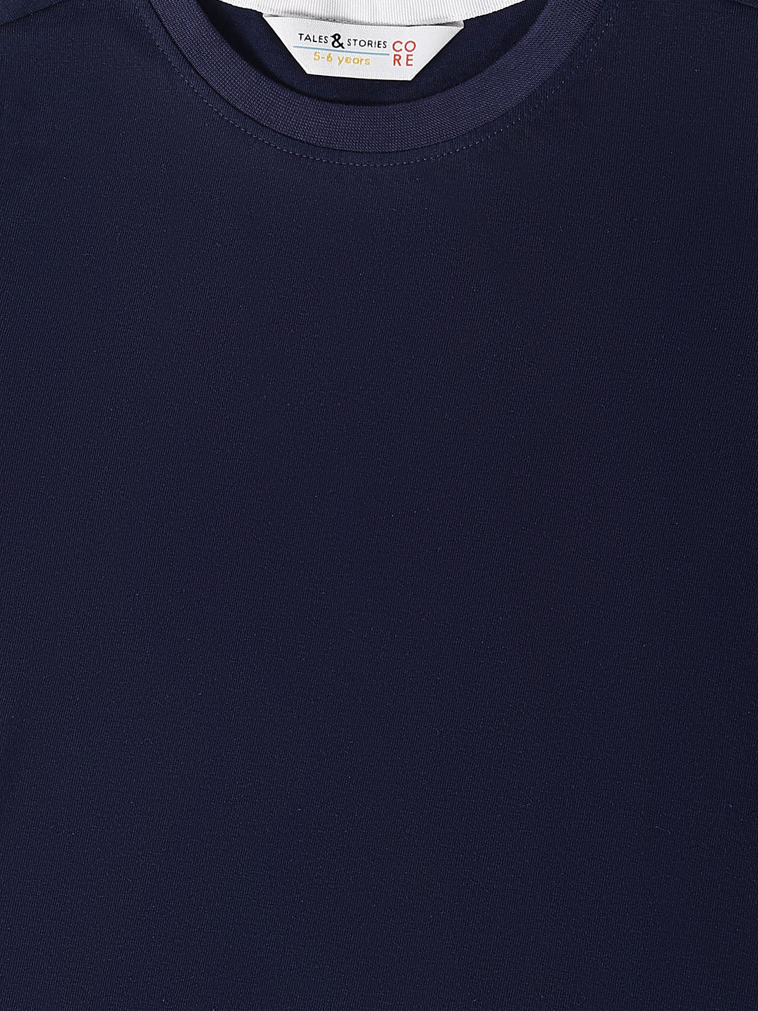Boys Navy Blue Cotton Solid T-Shirt