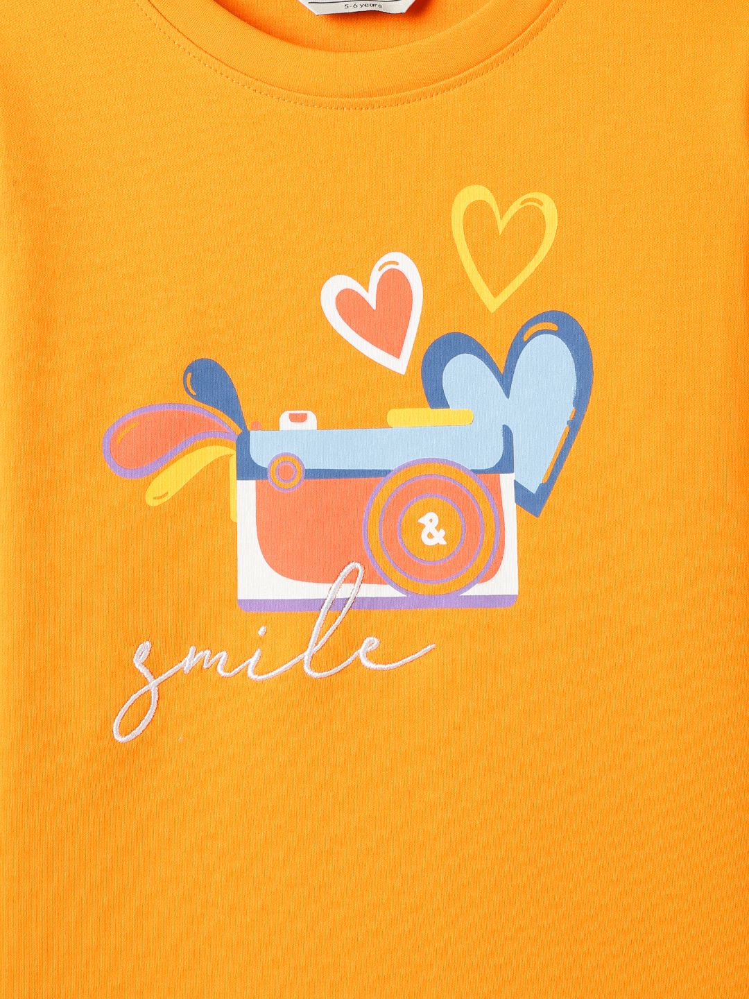 Girls Cotton Orange Printed T-Shirt