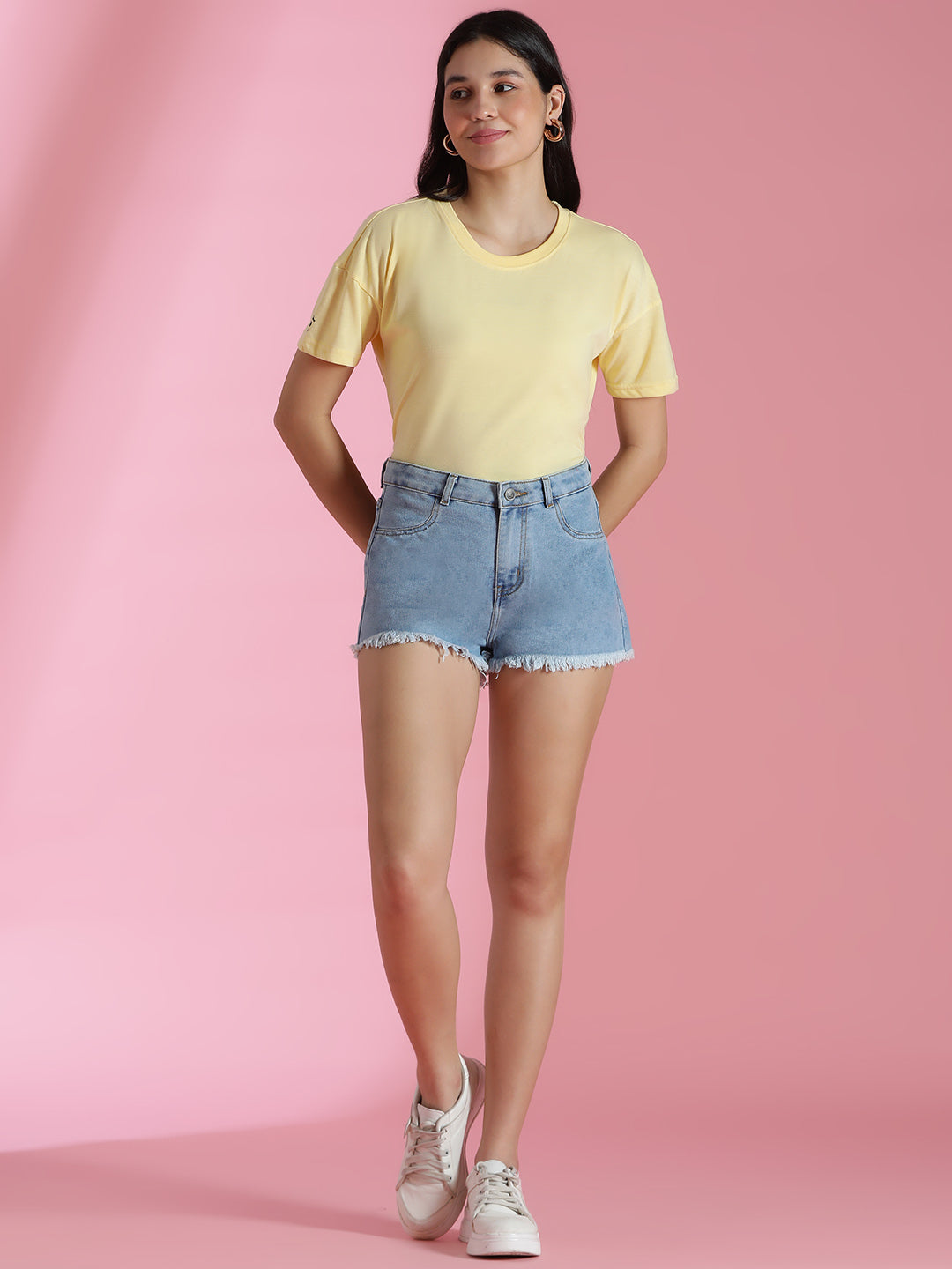 Women's Blue Denim Denim Cotton Washed Mini Shorts
