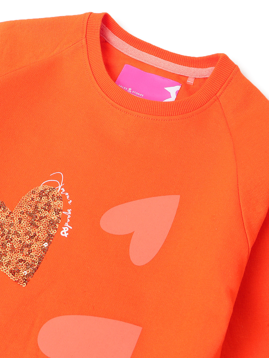 Girls Orange Cotton Printed Oversized Sweatshirt