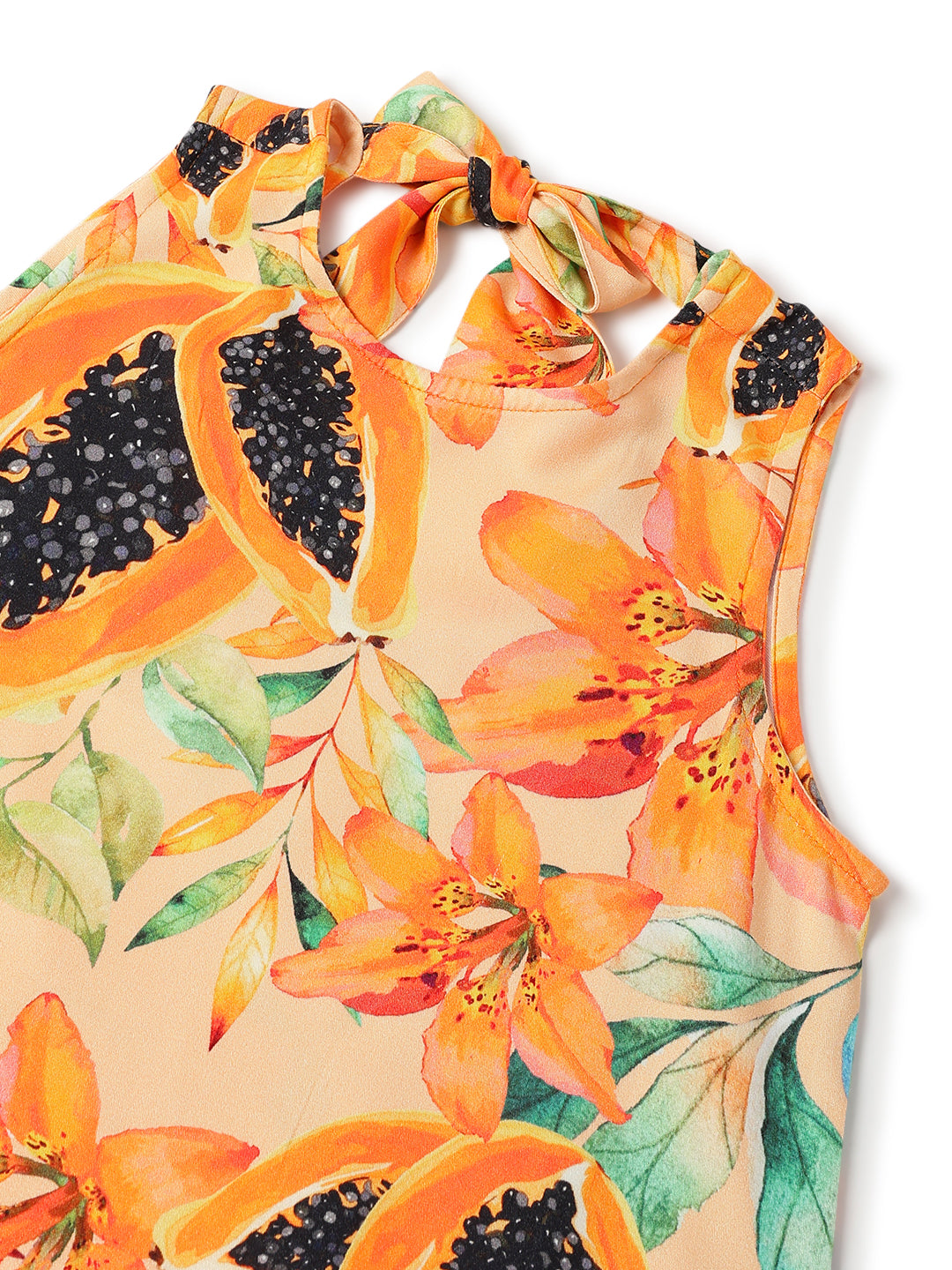 Girls Viscose Orange Floral Sleeveless Casual Dress
