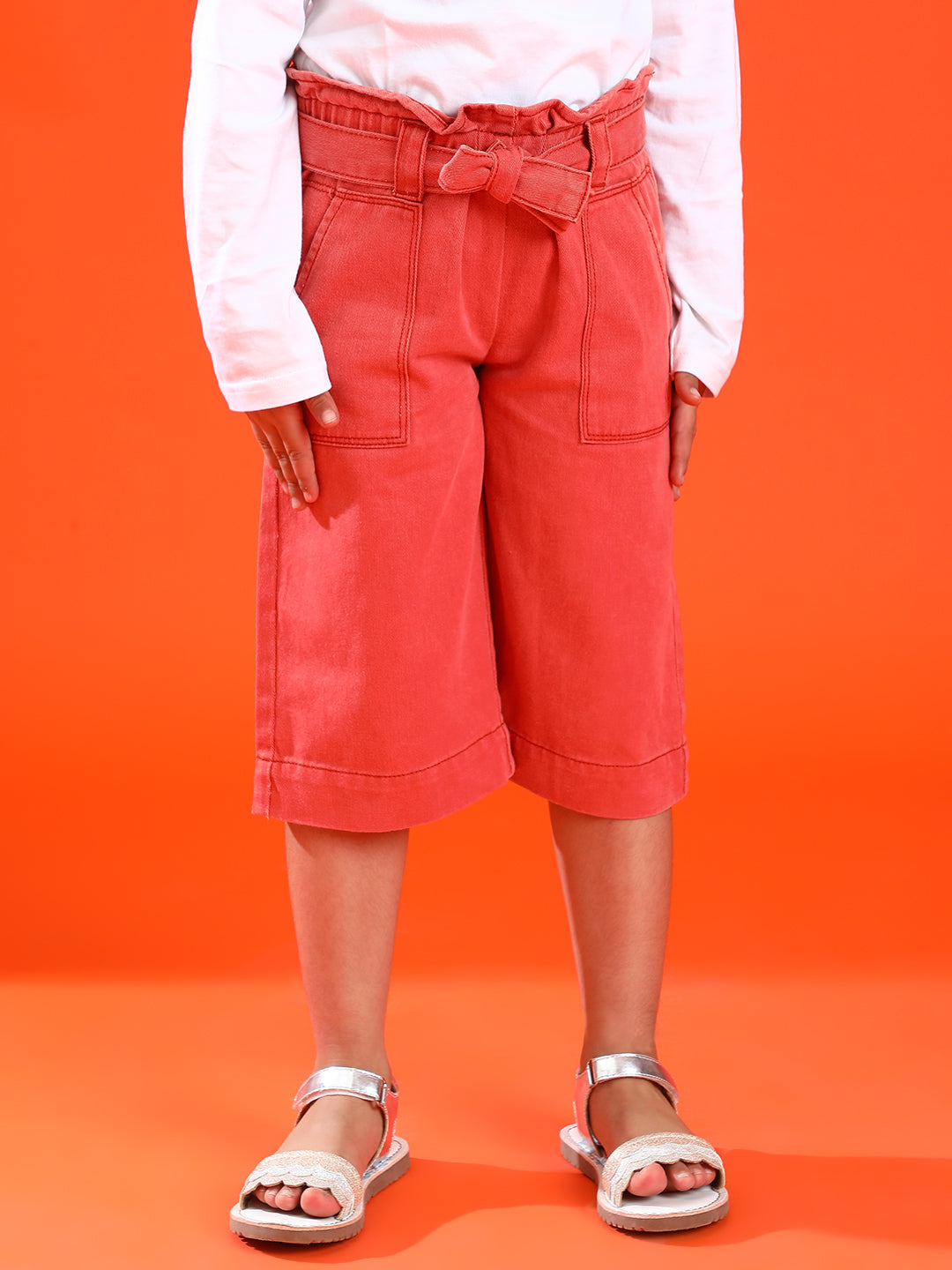 Girls Red Regular fit Cotton Solid Capri