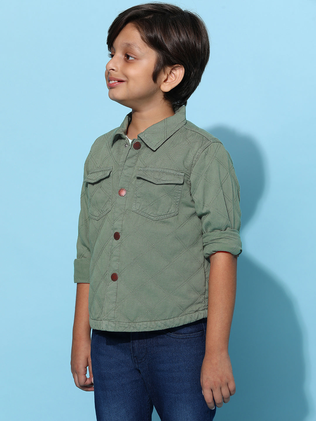 Boy Olive Cotton Solid Shacket