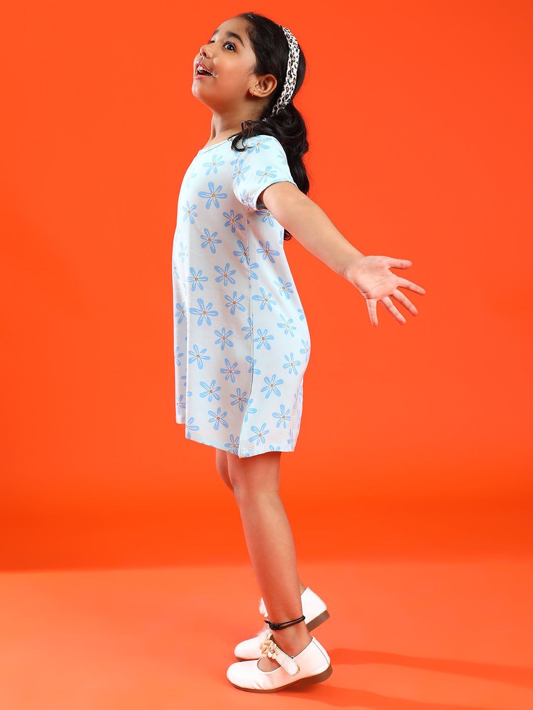 Girls Sky Blue Cotton & Rayon Regular Fit Stripes Dress with Jacket