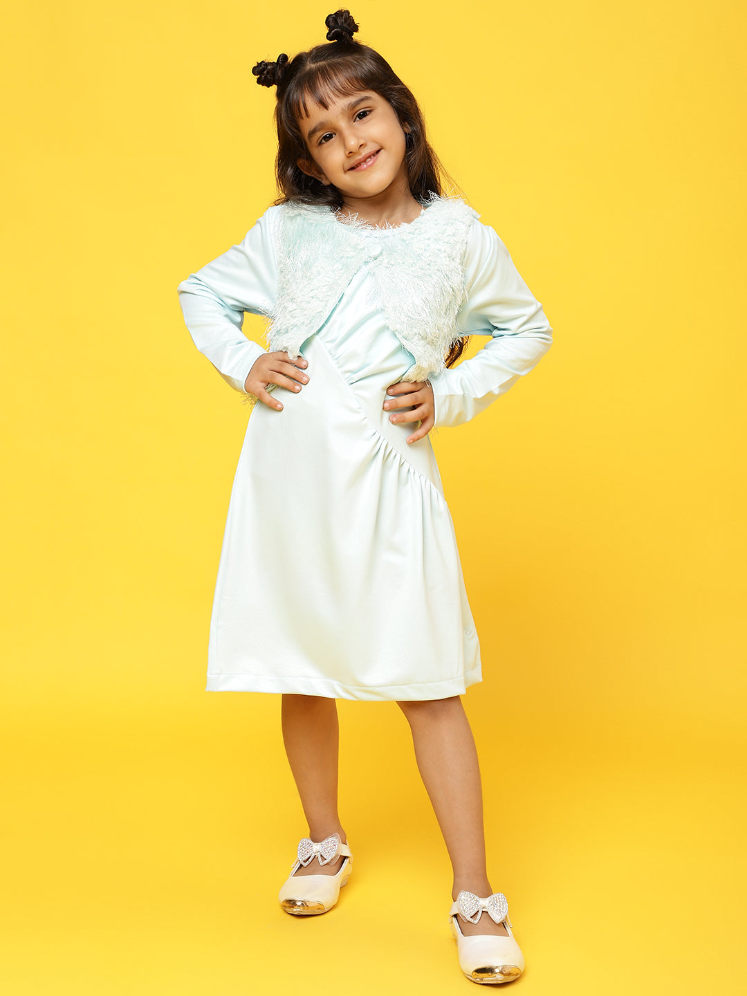 Girls Sky Blue Full sleeves Solid Dress with Jacket
