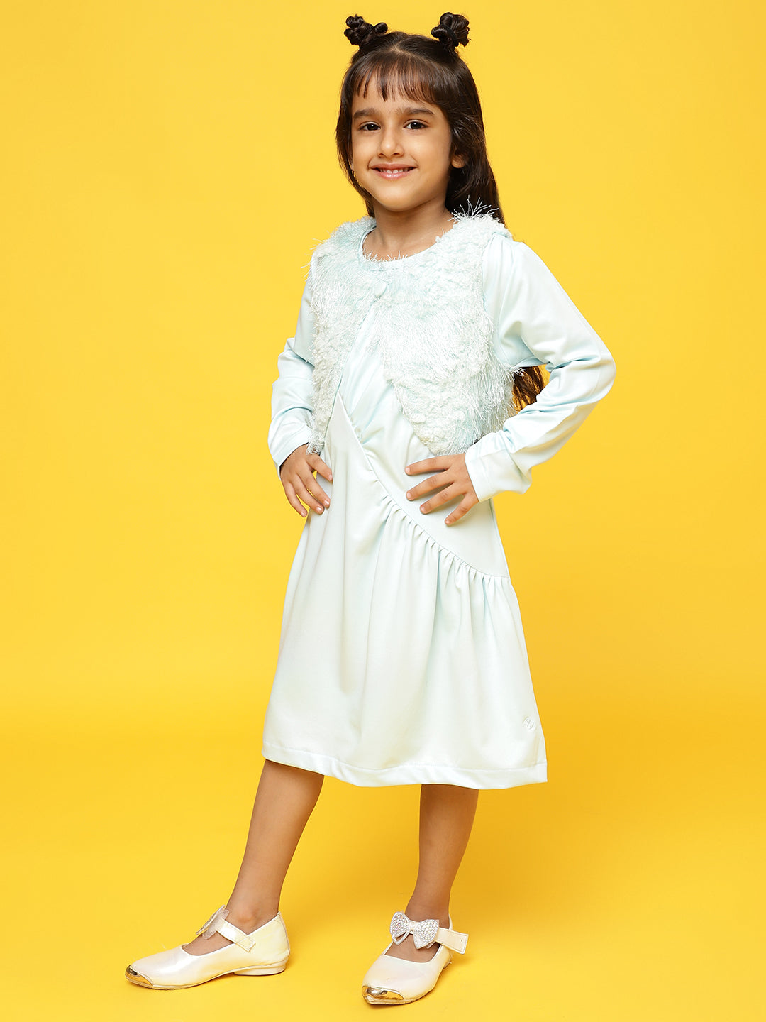 Girls Sky Blue Full sleeves Solid Dress with Jacket