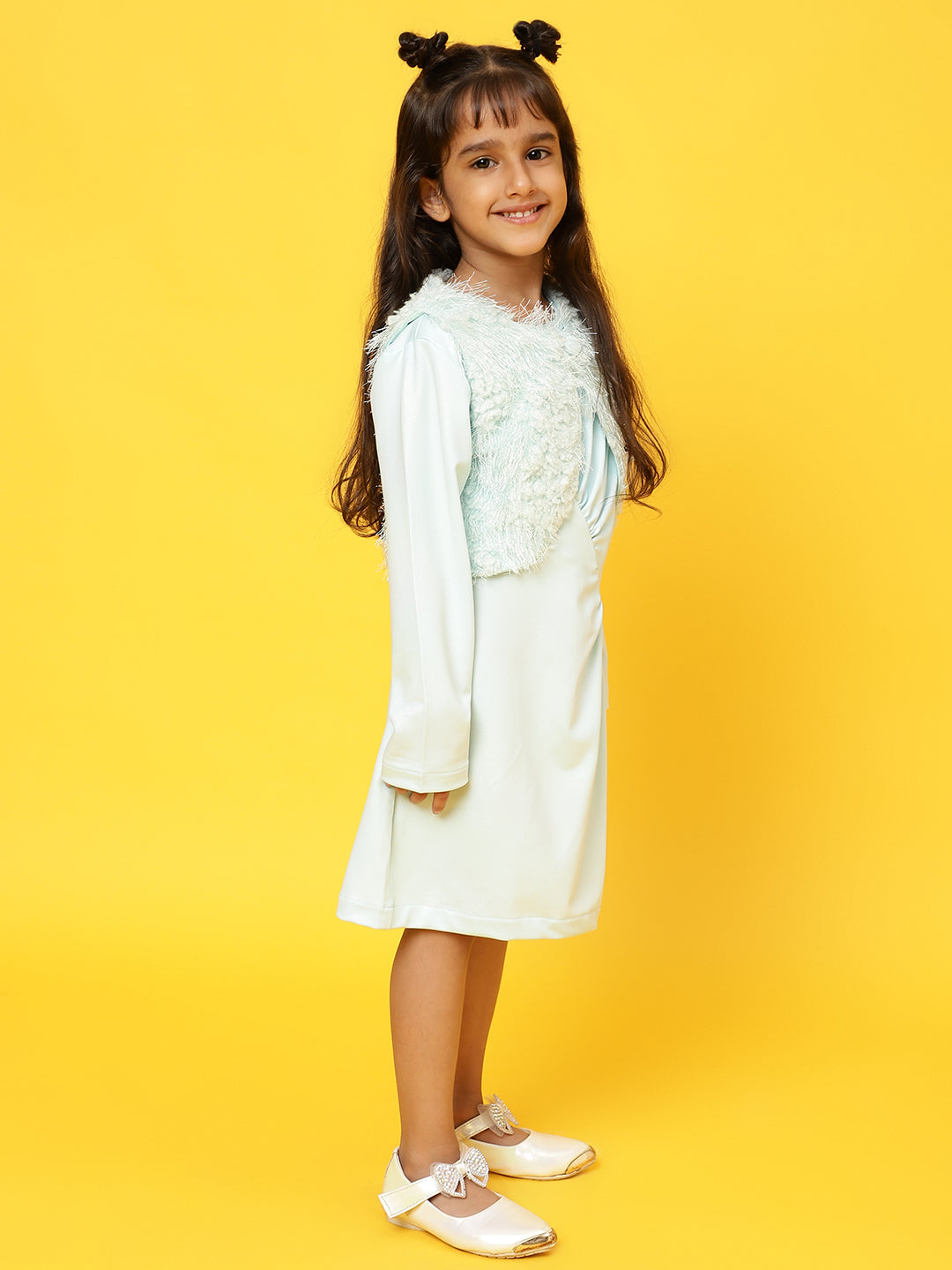 Girls Sky Blue Full sleeves Solid Dress with Jacket
